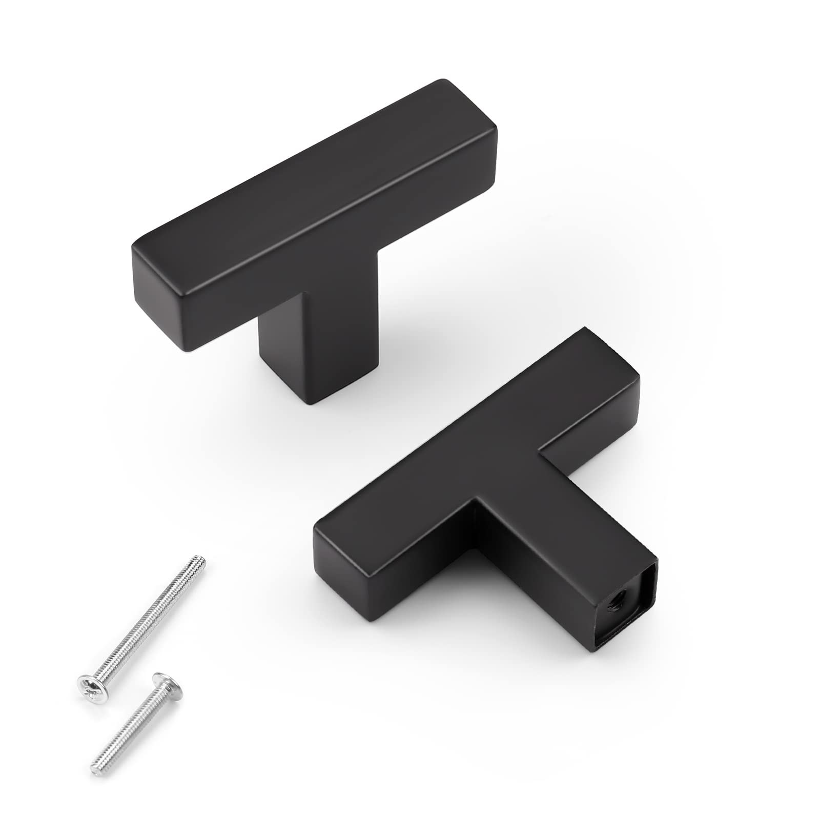 KNOBWELL 12 Pack Matte Black Cabinet Knobs - Stainless Steel T Bar Drawer Pulls for Kitchen & Bathroom - Single Hole 2