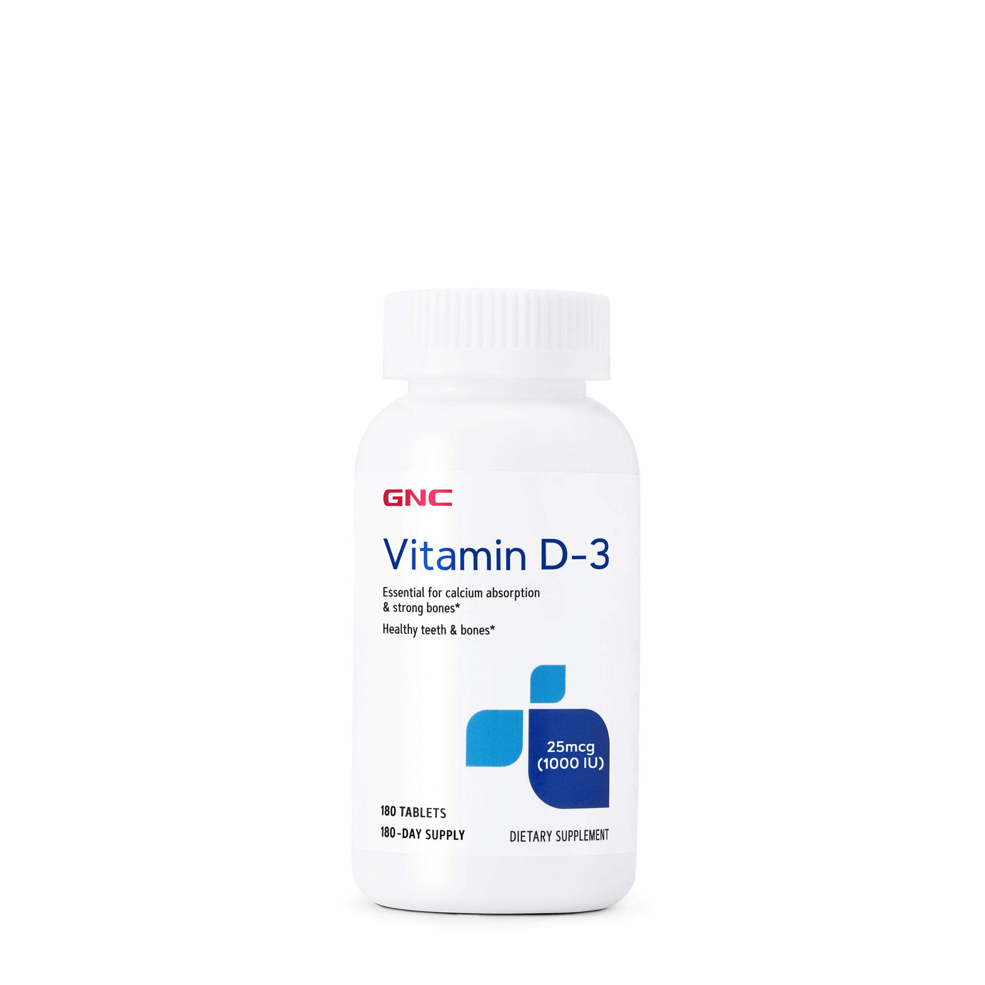 GNC Vitamin D-3 25mcg (1000 IU) - 180 Tablets for Strong Bones & Teeth Support - Immune System Booster - Daily Supplement for Adults & Seniors - Perfect for Home, Office, or Travel Use