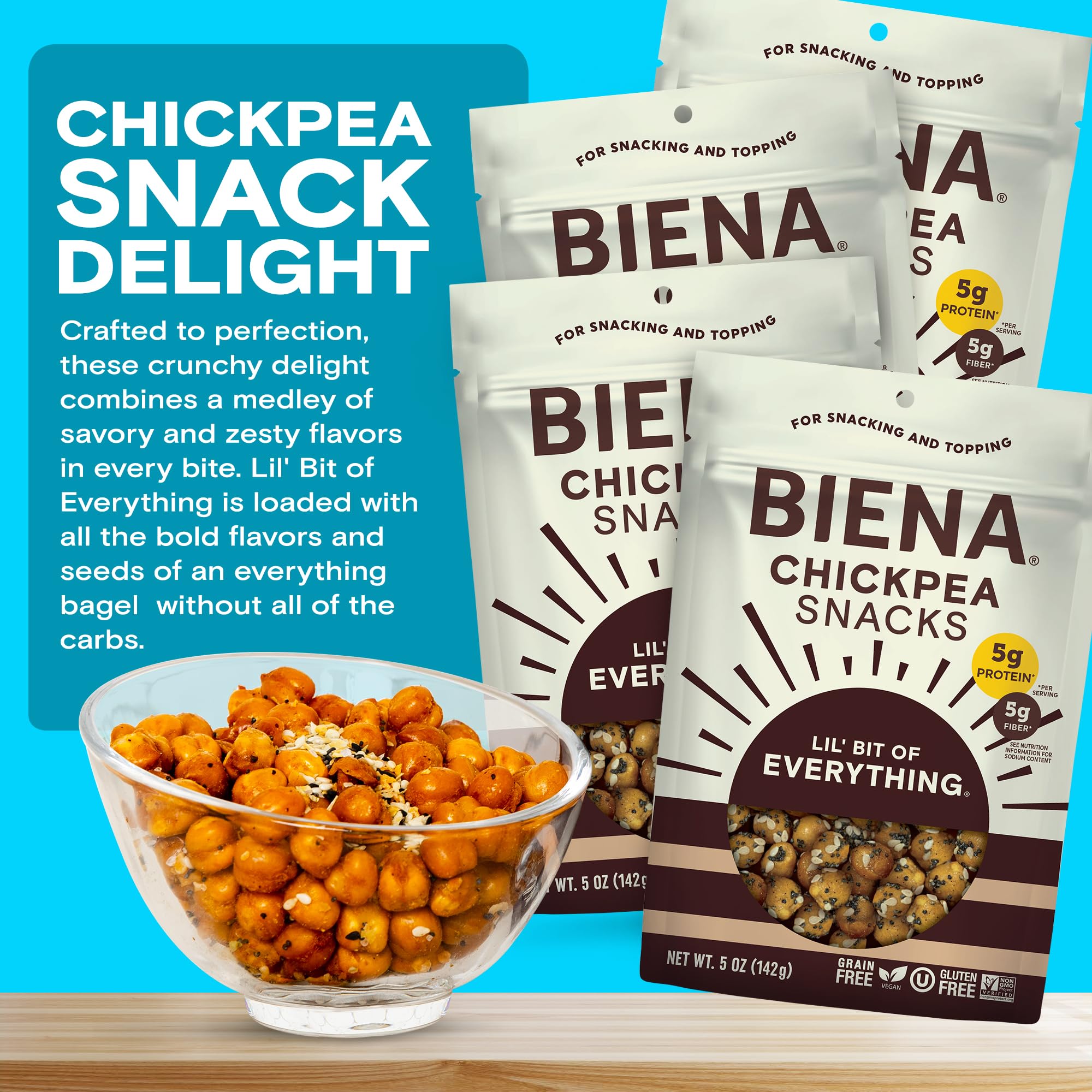 Biena Crispy Roasted Chickpea Snacks - High Protein & Fiber, Gluten Free, Non-GMO, Plant-Based Healthy Snacks for Adults & Kids (4-Pack, 5oz Bags) - Perfect for On-the-Go, School Lunches & Office Snacking