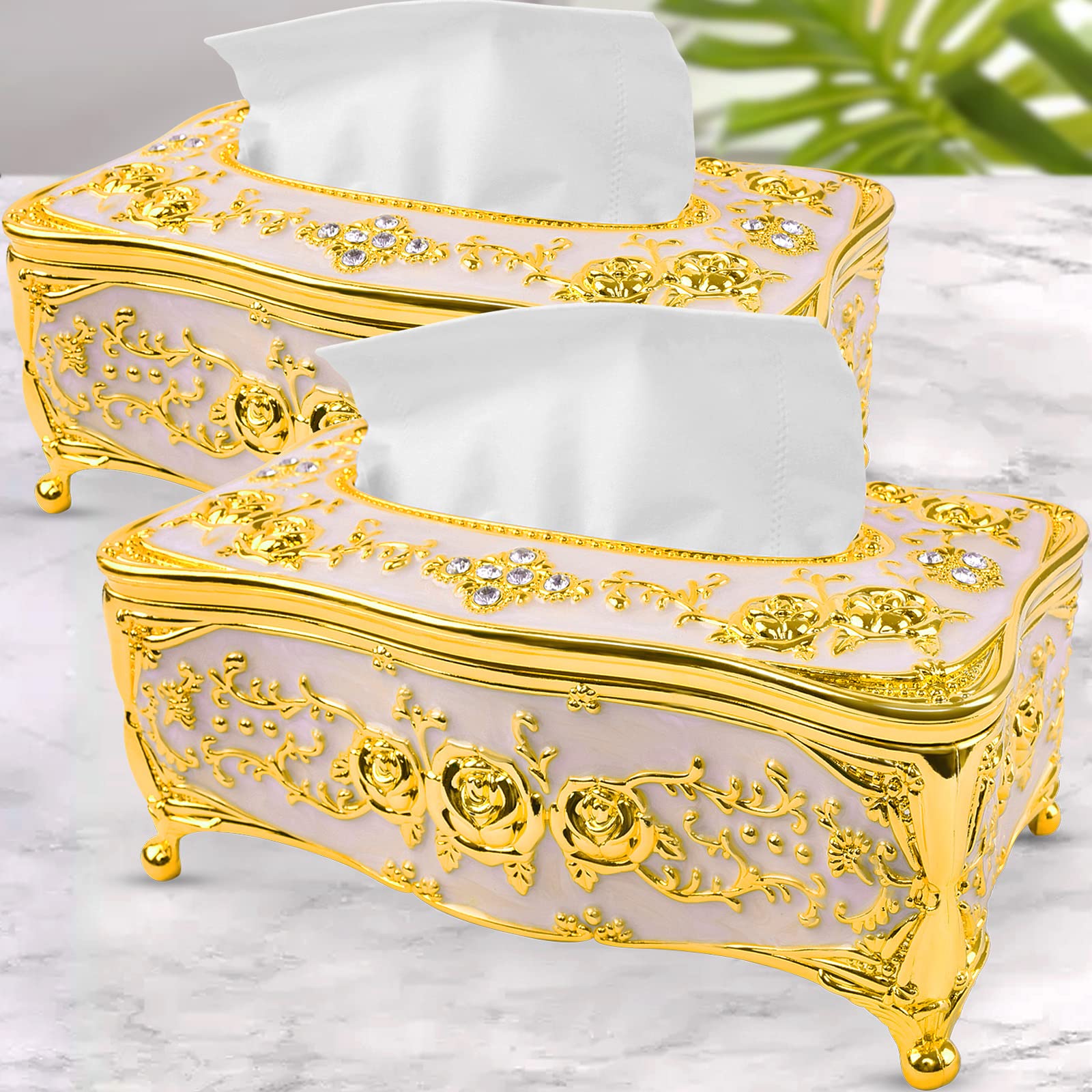2PCS Gold Tissue Box Cover - Elegant Decorative Tissue Box Holder for Rectangular & Square Tissues | Home Decor for Bathroom, Bedroom, Living Room & Office | Perfect for Gift Giving and Home Styling
