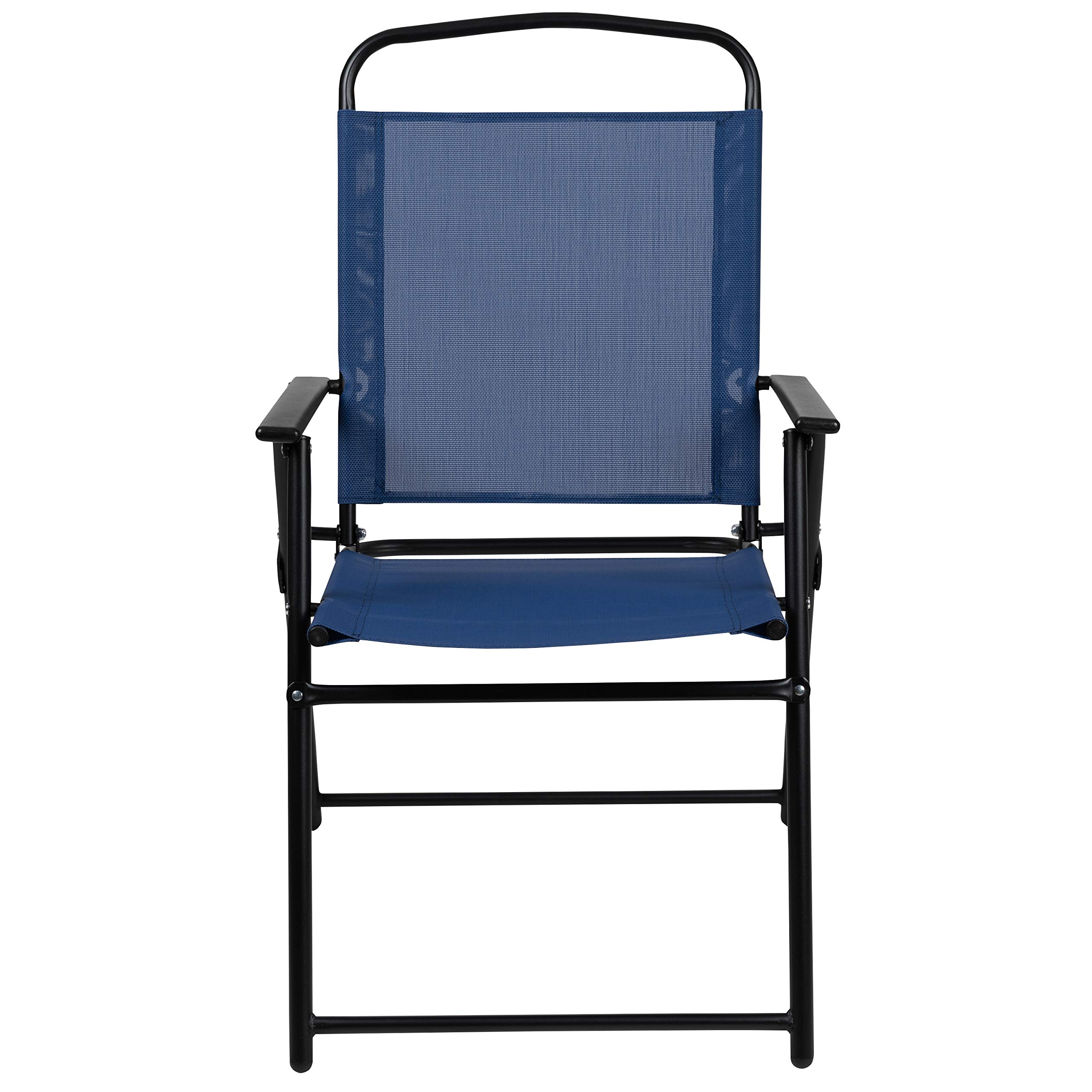 EMMA + OLIVER 6-Piece Navy Blue Outdoor Patio Furniture Set with Glass Table, Sun Umbrella & 4 Foldable Chairs - Perfect for Garden, Backyard, Poolside & Outdoor Dining
