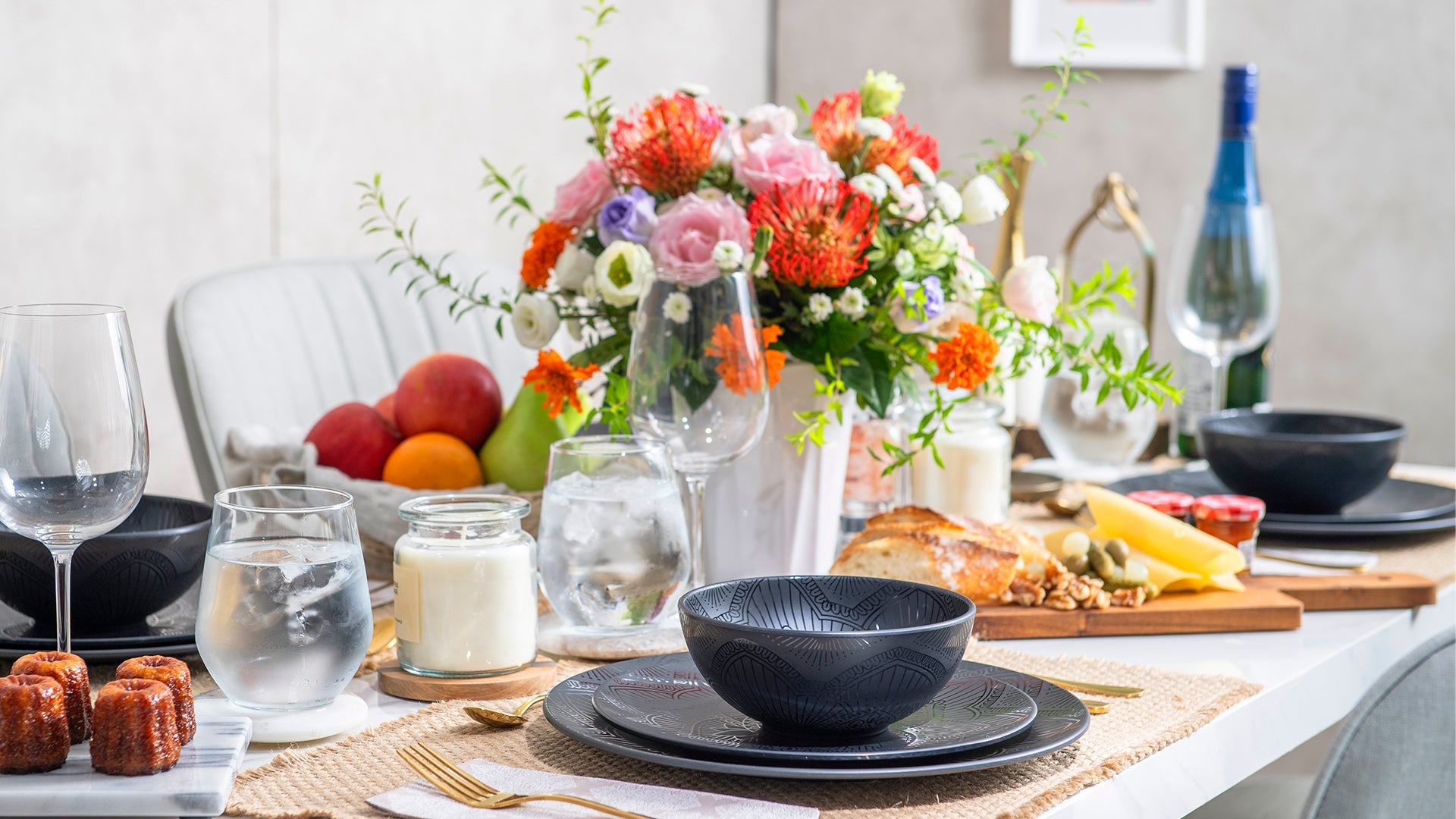 12-Piece La La Mandala Melamine Dinner Plate & Bowl Set - Black - Durable & Stylish for Outdoor Picnics, Camping, and Party Dining