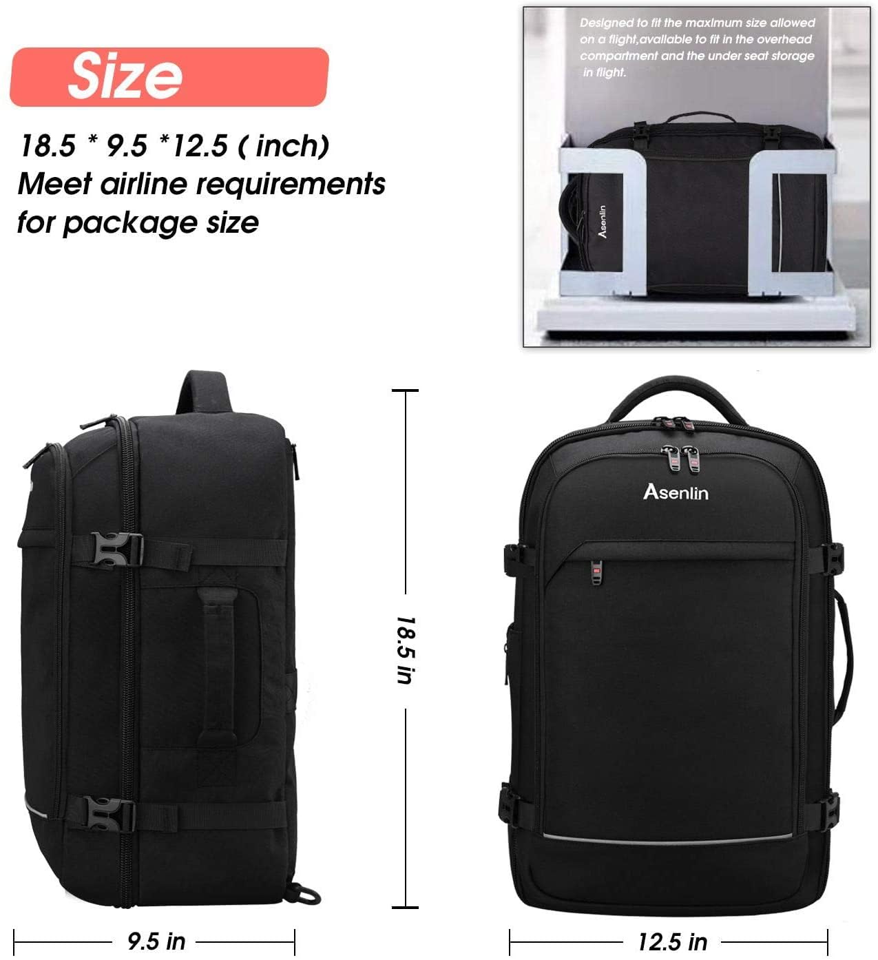 40L Waterproof Travel Backpack for Women & Men - Flight Approved Carry On for Laptops & Weekenders - Black