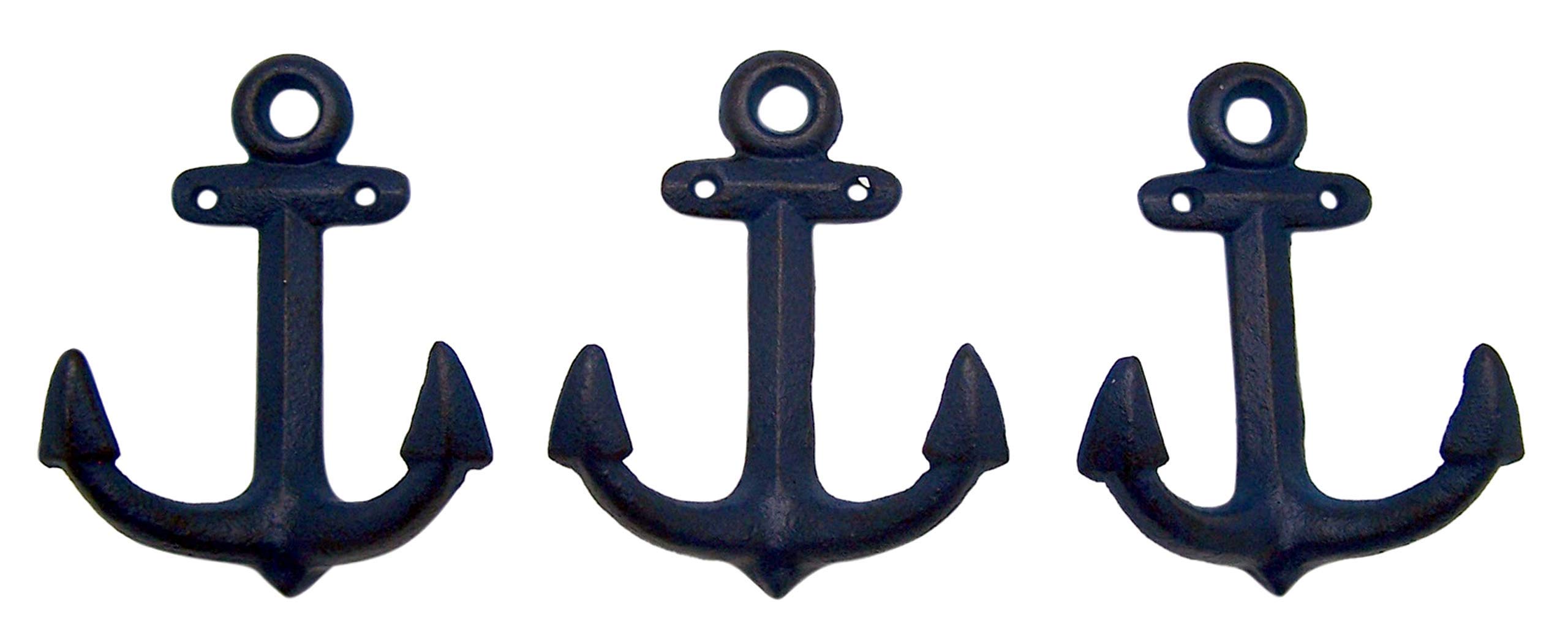 Wowser Nautical Cast Iron Ship Anchor Wall Hooks - 6 Inch Set of 3 (Blue) - Perfect for Beach House Decor, Coastal Theme Bedroom & Bathroom Organization