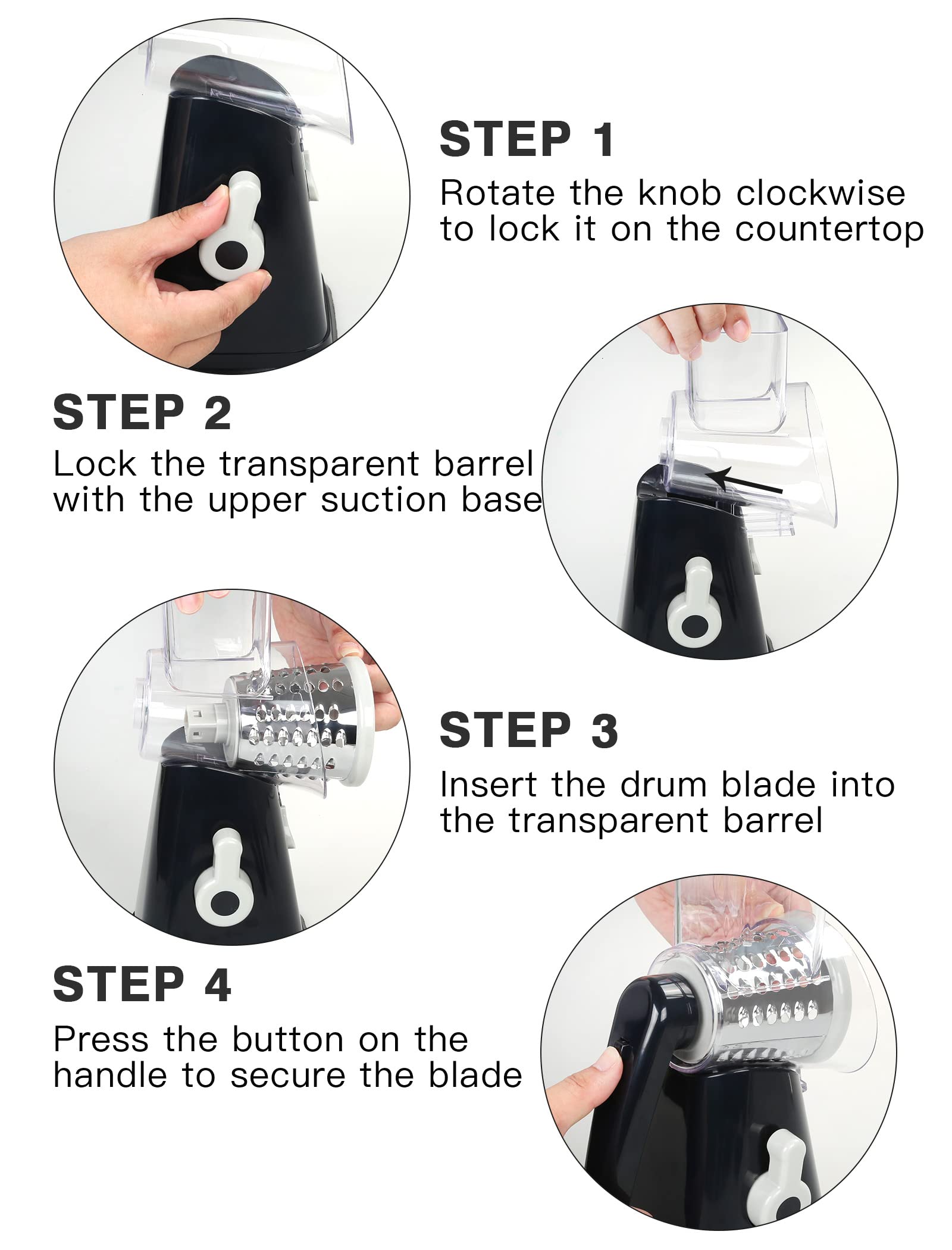 Premium Rotary Cheese Grater & Vegetable Slicer - 3 Interchangeable Blades for Shredding, Grating & Slicing - Easy Clean Kitchen Mandoline for Cheese, Fruits, Veggies & Nuts (Black & Grey) - Perfect for Meal Prep, Salads & Cooking at Home