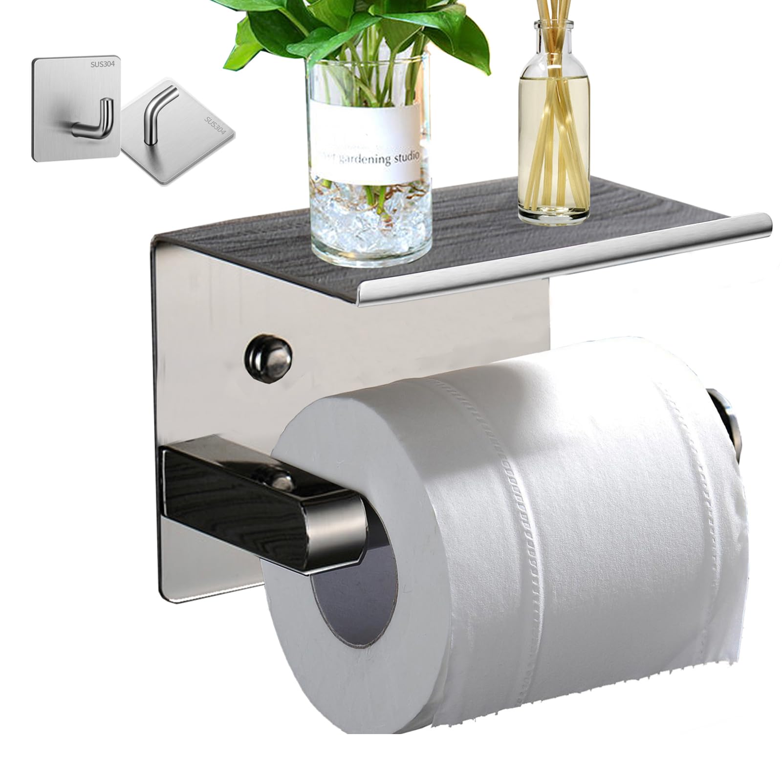 Self-Adhesive or Screw Mount Stainless Steel Toilet Paper Holder with Phone Shelf - SUS 304 Wall-Mounted Bathroom Tissue Roll Dispenser - Durable Shiny Finish for Home, Office & RV Use