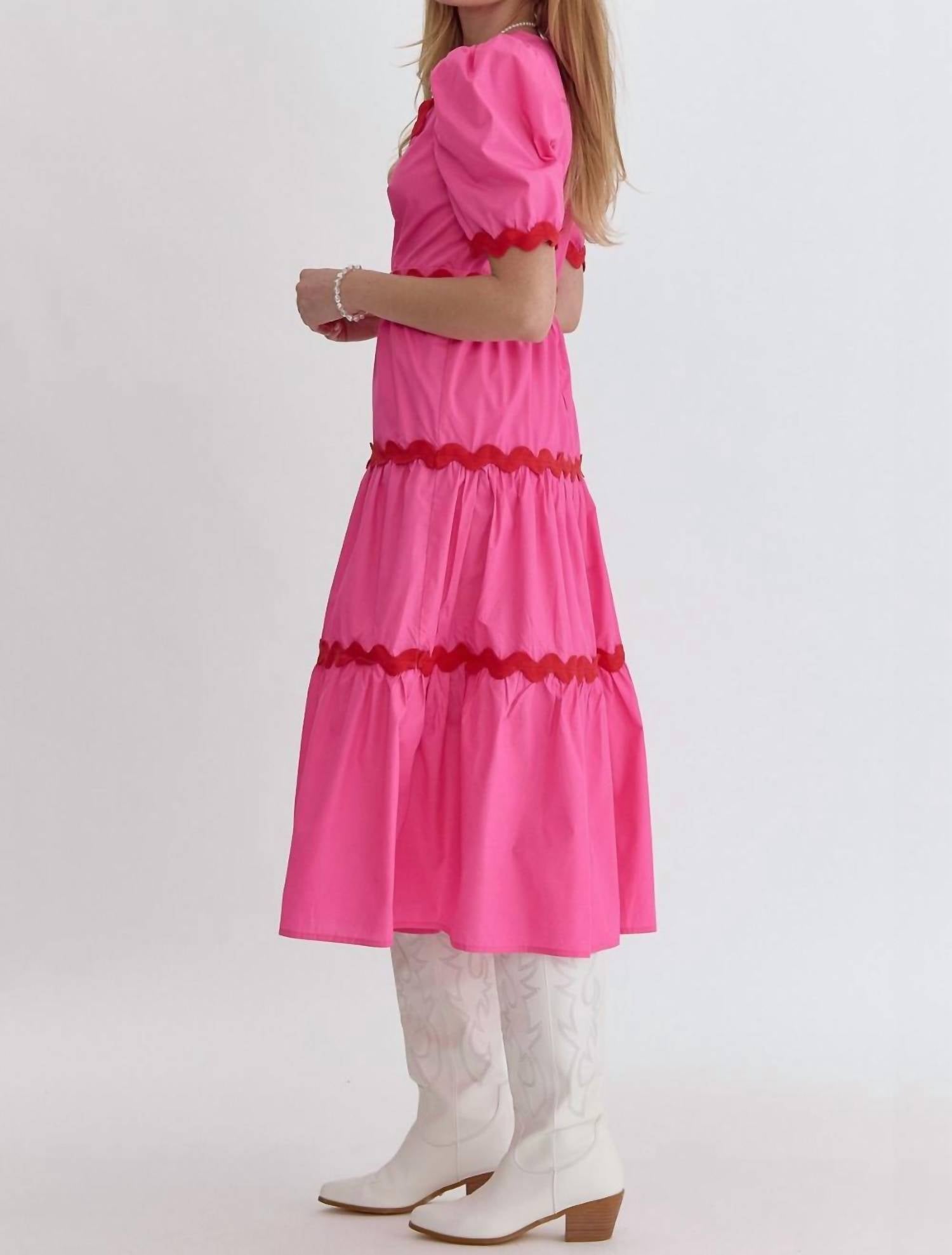Star of the Show Pink and Red Ric Rac Midi Dress - Perfect for Summer Parties, Weddings & Special Occasions