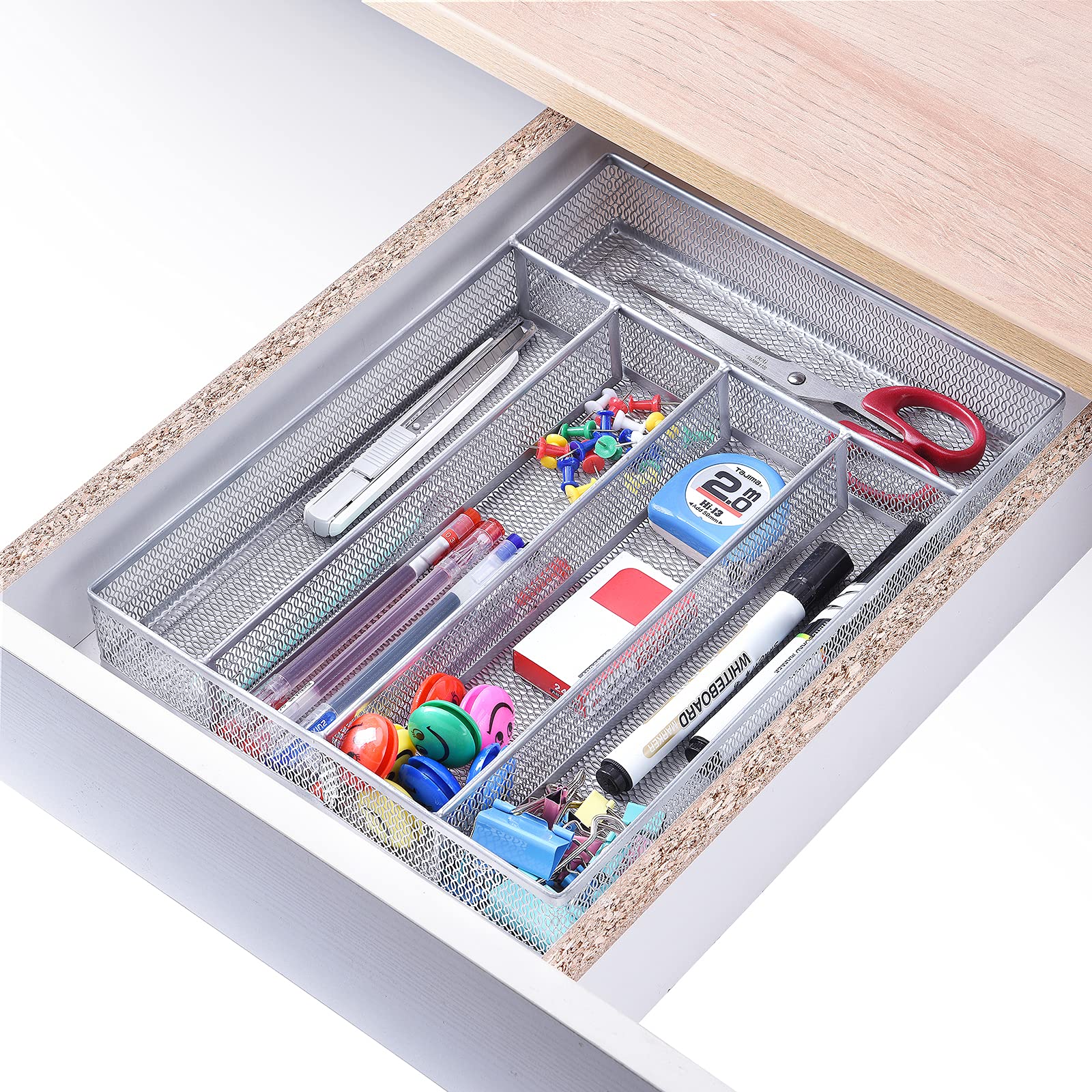 WuGeShop 5-Compartment Metal Mesh Desk Drawer Organizer Tray with Non-Slip Mats - Office, Bathroom & Kitchen Storage Solution - Silver | Perfect for Organizing Stationery, Makeup & Utensils