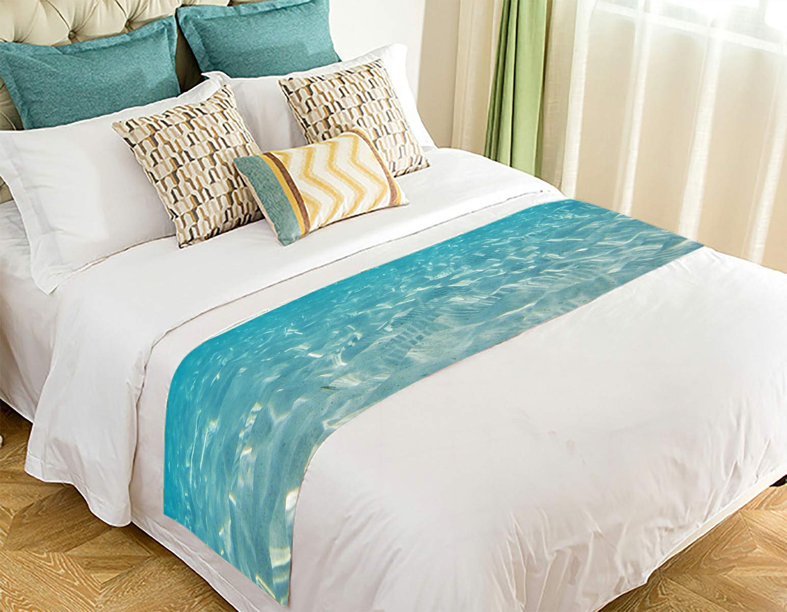 ECZJNT Underwater Caribbean Sea Shallow Sandy Seabed Sunlight Beach Theme Bed Runner - 20x95 Inch Ocean Blue Bed Scarf for Coastal Decor, Beach House Bedding, Nautical Bedroom Accent