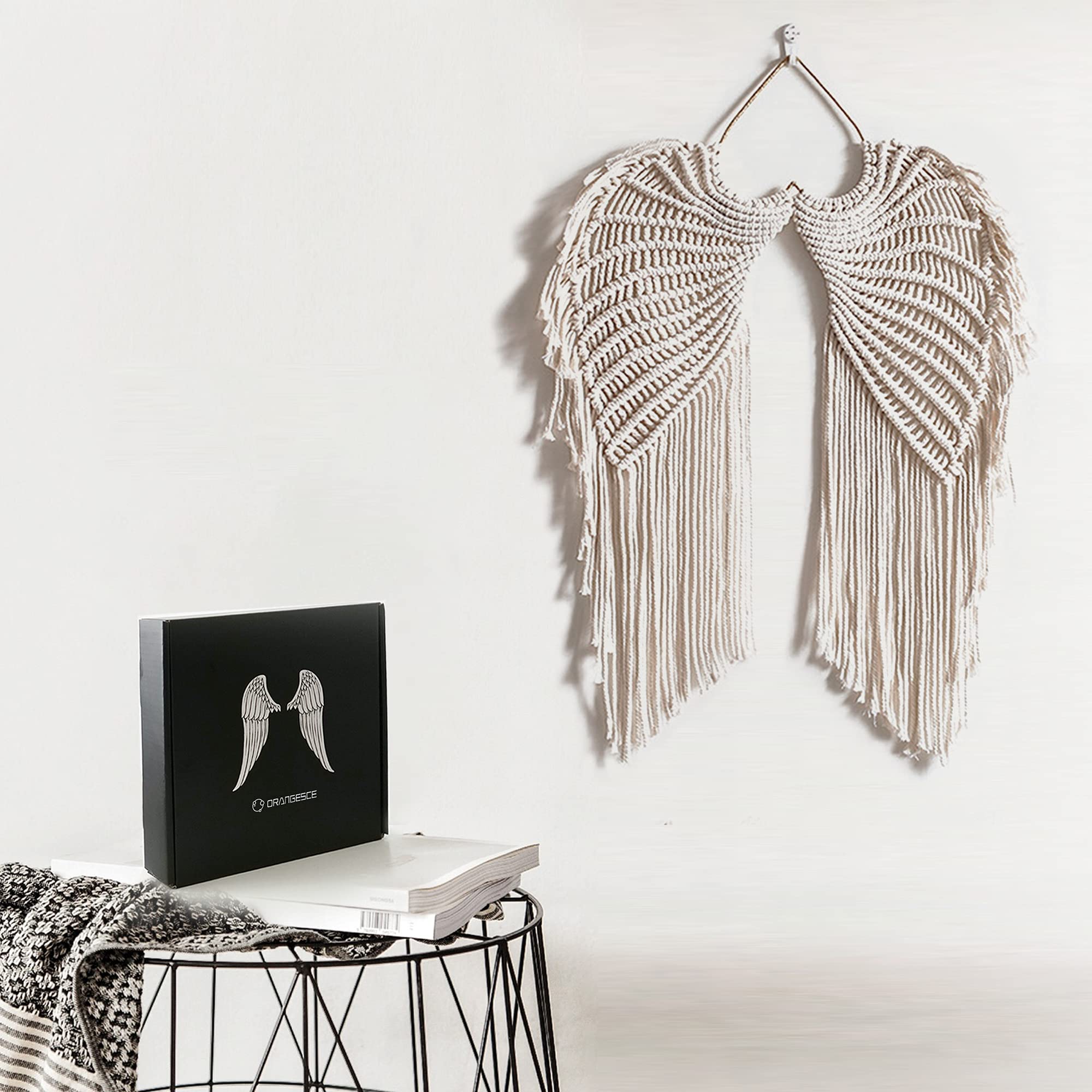 ORANGESCE Boho Angel Wings Wall Hanging - Handmade Macrame Tapestry with Long Tassels, White Cotton Cord Bohemian Decor for Bedroom, Living Room, Nursery - Elegant Home & Gift Idea for Housewarming, Wedding, Birthday