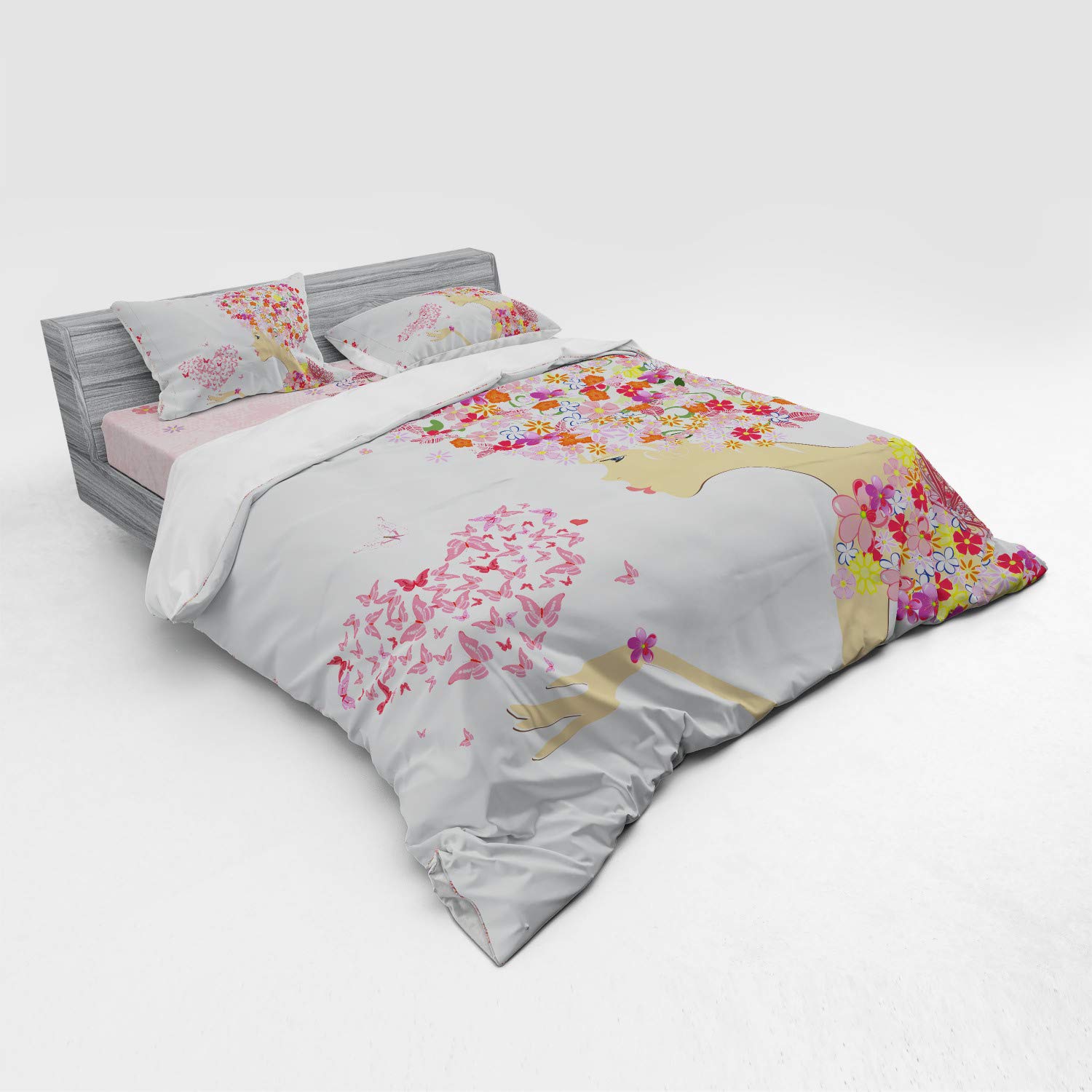 Ambesonne Pink Floral Bedding Set - 4 Piece King Size Duvet Cover with Pillow Shams & Fitted Sheet - Hand-Painted Butterfly Heart Spring Design - Perfect for Girls' Bedrooms & Boho Chic Home Decor