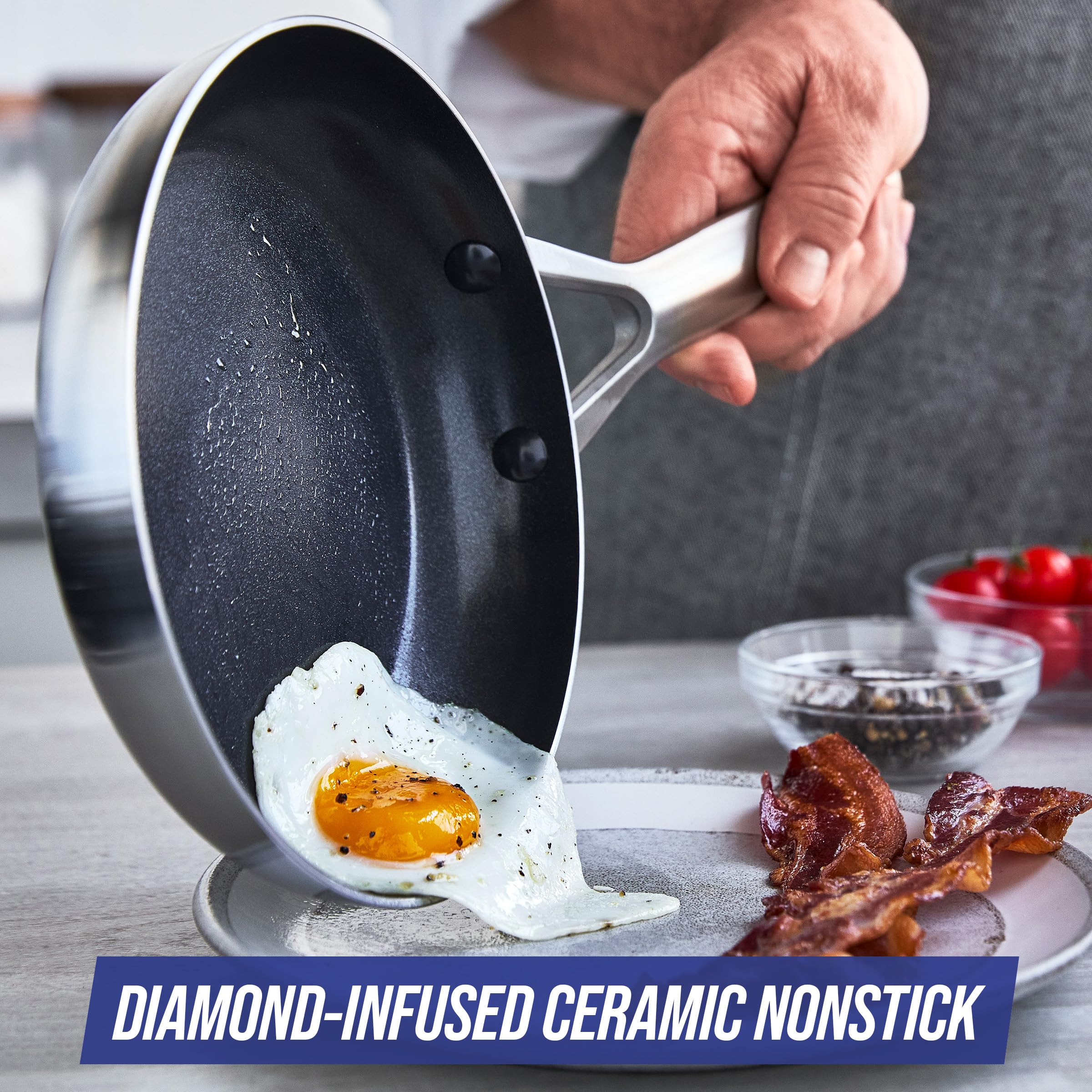 Blue Diamond 11-Piece Stainless Steel Cookware Set - Tri-Ply Construction, Induction Compatible, PFOA/PFAS Free Nonstick Coating - Dishwasher & Metal Utensil Safe for Everyday Cooking, Frying & Baking - Perfect for Home Chefs & Professional Kitchens