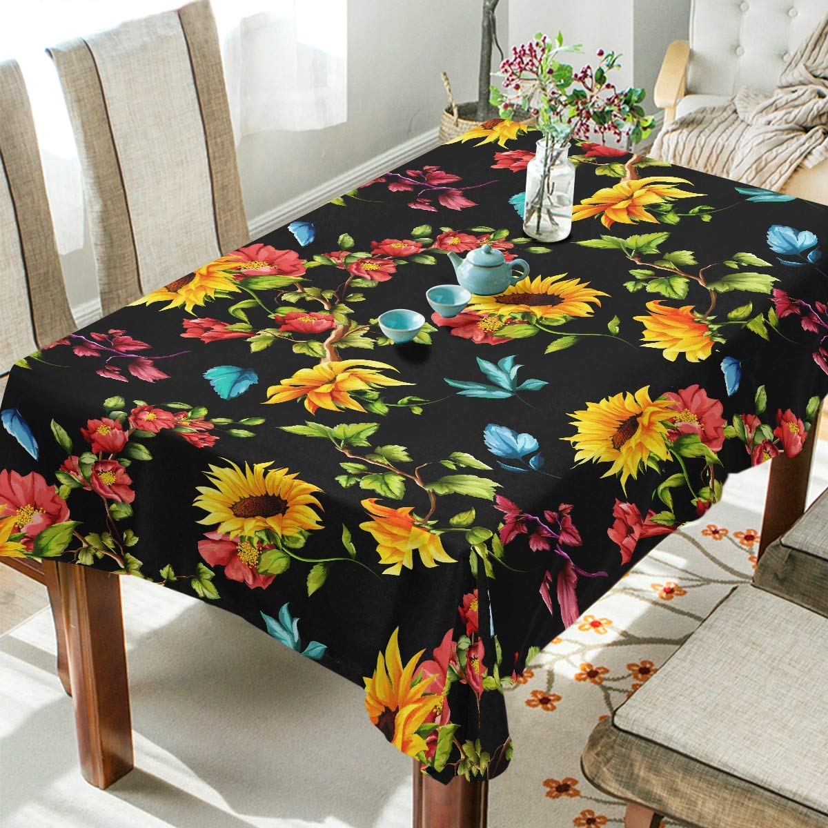 Sunflower & Pomegranate Print Tablecloth - 60x108 Inch Rectangle Table Cover for Outdoor Dining, Weddings & Parties - Waterproof Table Protector for Patio, Picnic & Home Decor
