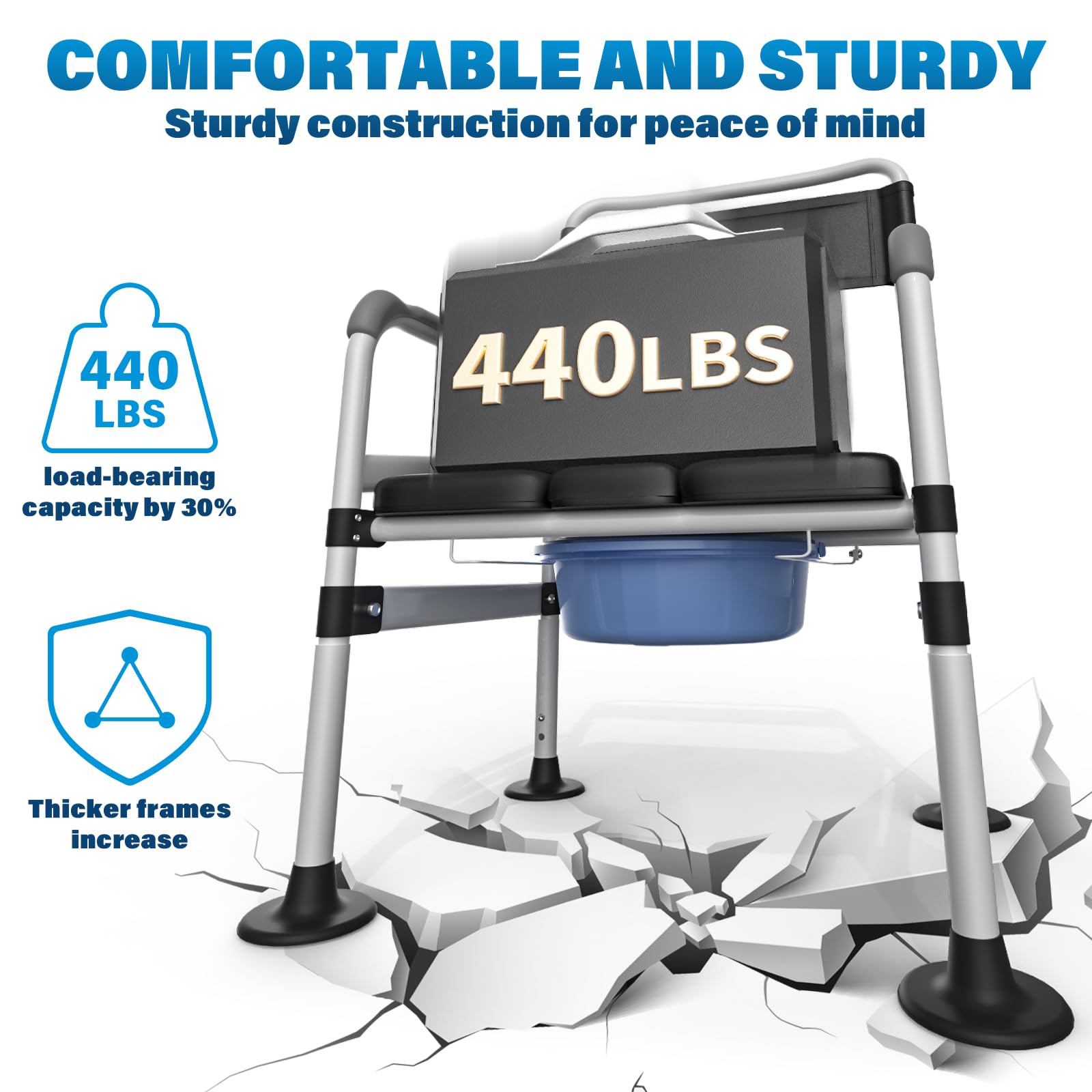 4 in 1 Heavy Duty Bariatric Commode Chair for Elderly & Adults - 440lb Capacity Raised Toilet Seat with Safety Handles, Portable Shower Chair & Bedside Commode - Ideal for Home Care, Post-Surgery Recovery & Mobility Assistance (Silver)