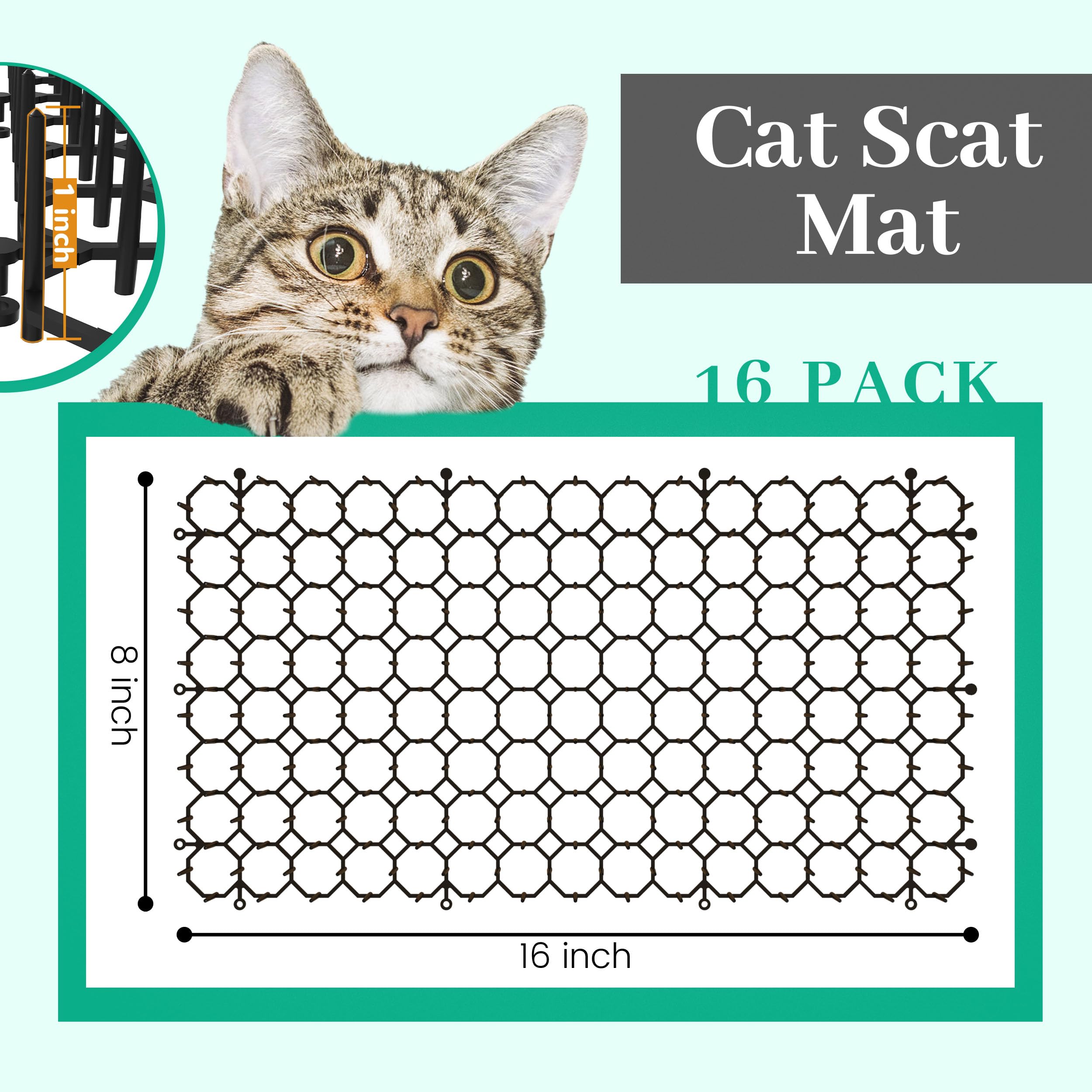 16x8 Inch Cat Scat Mat with Spikes - 16 Pack Indoor/Outdoor Cat Deterrent for Gardens & Doorways