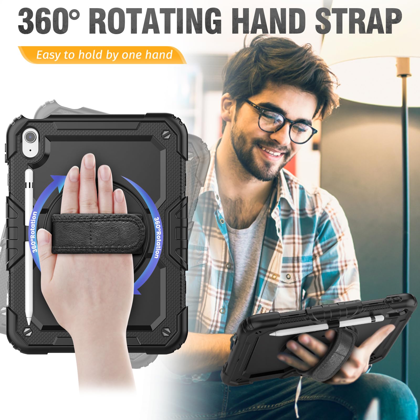 Premium Heavy Duty Protective Case for iPad 10th/11th Generation (2022/2025) A2696/A2757/A2777/A3354/A3355 - Shockproof Cover with Built-in Pencil Holder, Screen Protector & Hand Strap - Perfect for Work, School & Travel (Black)