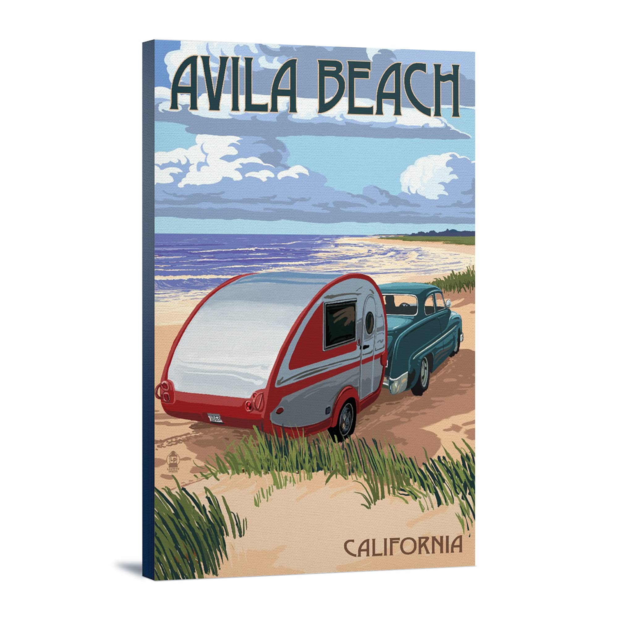 Vintage Retro Camper on Avila Beach California - 12x18 Wrapped Canvas Wall Art for Coastal, Beach House, and Boho Decor
