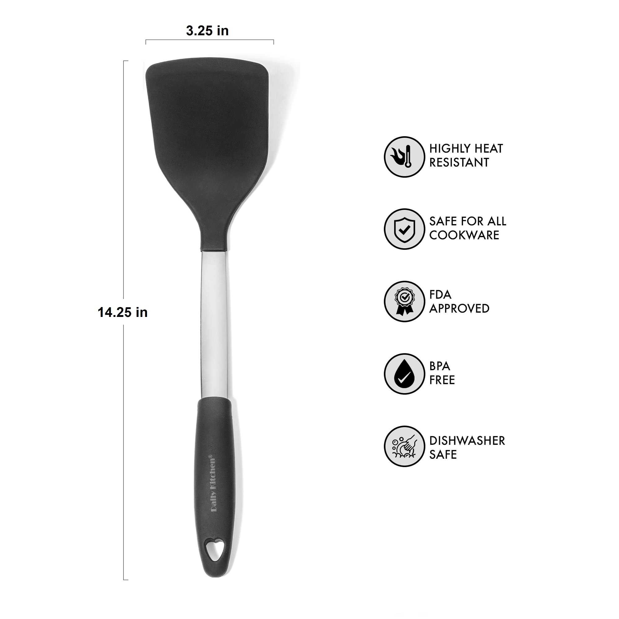 Heat-Resistant Silicone & Stainless Steel Spatula - Solid Turner with Rubber Grip - Flexible Cooking Spatula for Non-Stick Pans - Perfect for Flipping Pancakes, Eggs & Burgers - Essential Kitchen Tool for Baking & Grilling