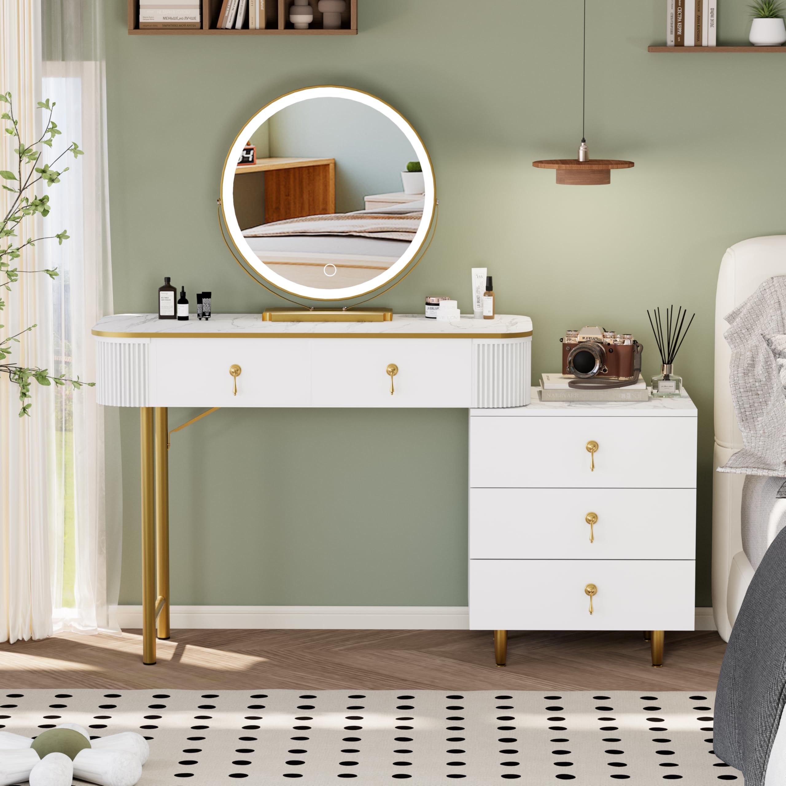 Modern Makeup Vanity Desk with LED Lights & Touch Screen - 3 Color Adjustable Mirror, 5 Storage Drawers, White Dressing Table | Perfect for Bedroom, Salon & Beauty Room Organization
