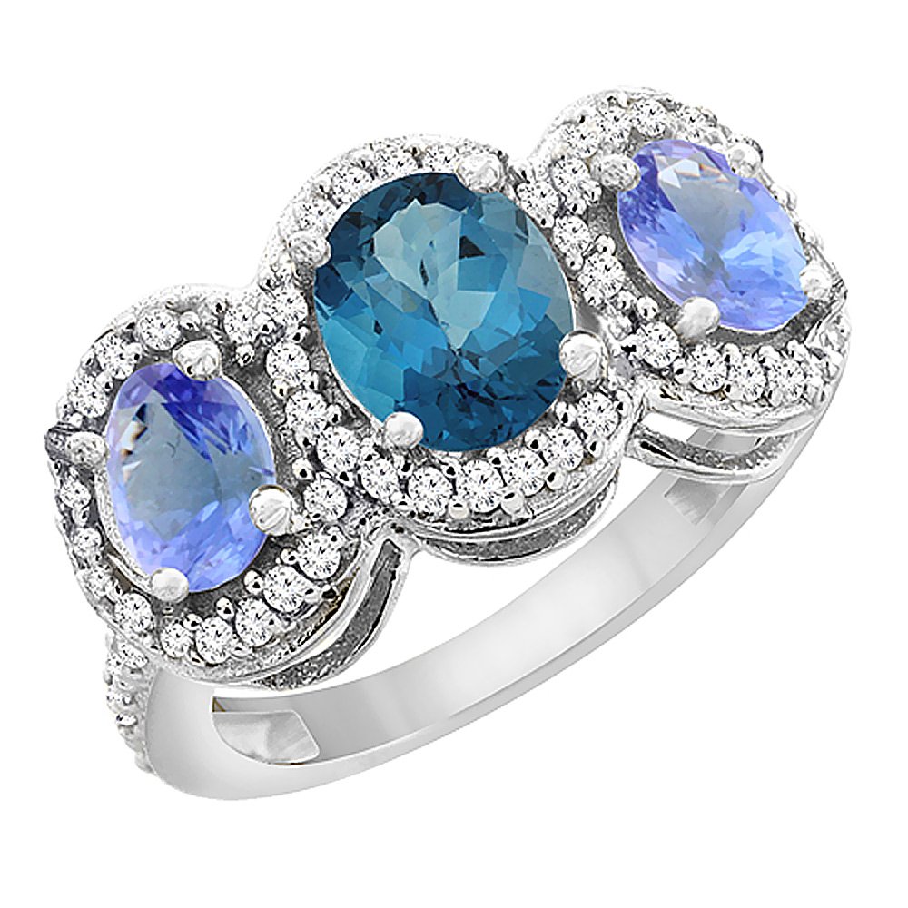 10K White Gold Natural London Blue Topaz & Tanzanite 3-Stone Ring with Oval Diamond Accent - Sizes 5-10 - Perfect for Engagement, Anniversary & Special Occasion Gifts