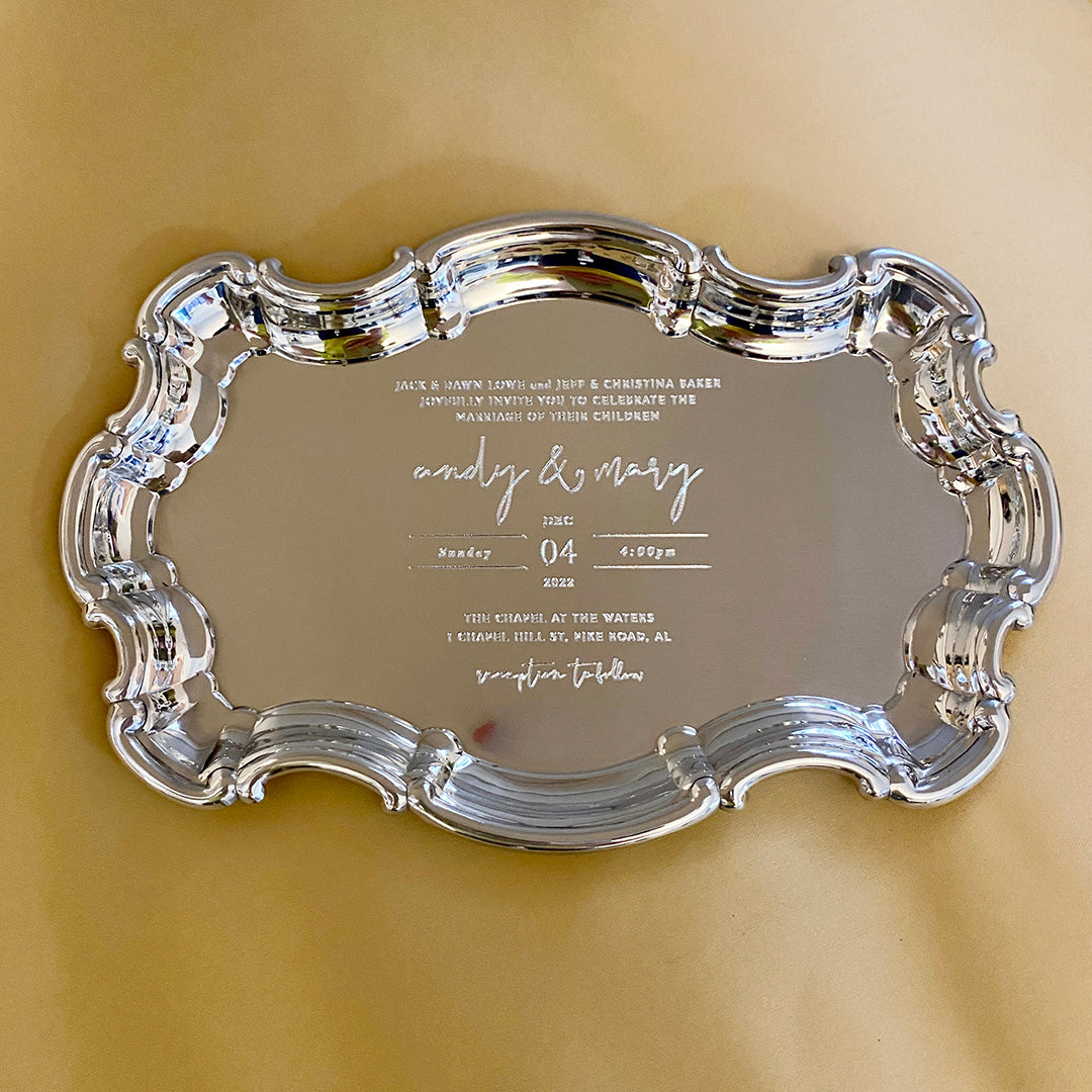 Antique Pewter Chippendale Serving Tray with Engraved Wedding Invitation Design - Elegant Tableware for Bridal Showers, Anniversary Gifts & Home Decor