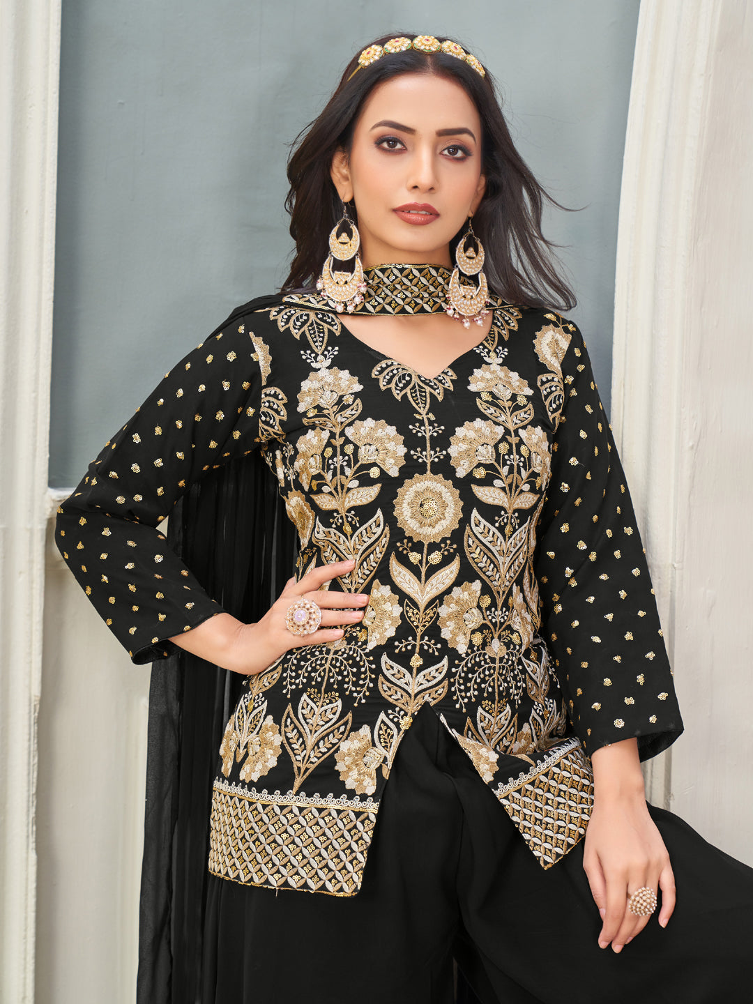 Elegant Black Heavy Designer Palazzo Suit with Embroidery & Sequins - Perfect for Parties, Weddings & Special Occasions