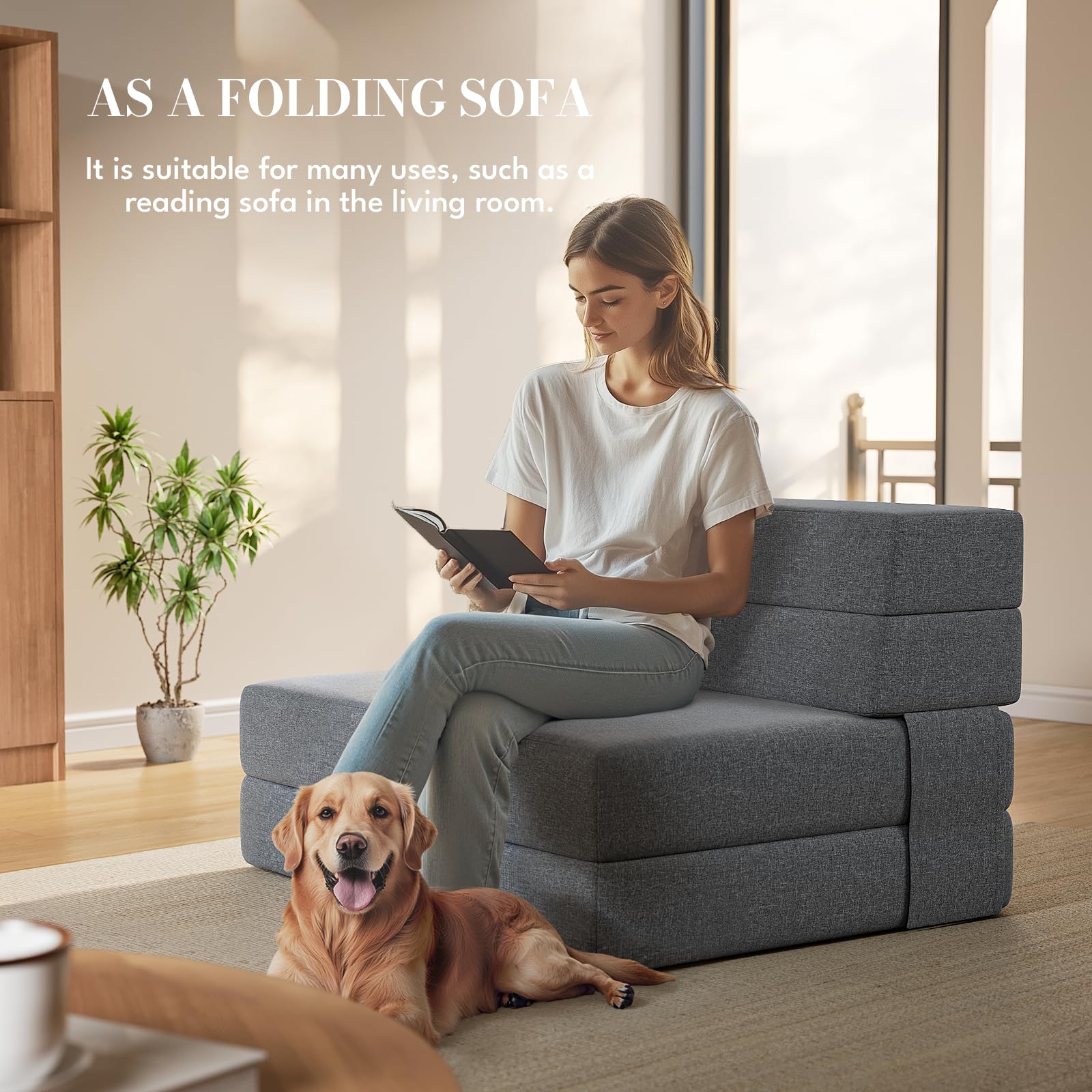 IULULU Folding Sofa Bed with 2 Pillows - Convertible Sleeper Floor Couch with Foldable Foam Mattress - Twin Size for Living Room, Dorm, Guest Room & Small Apartments - Perfect for Overnight Guests, Lounging & Space-Saving Solutions