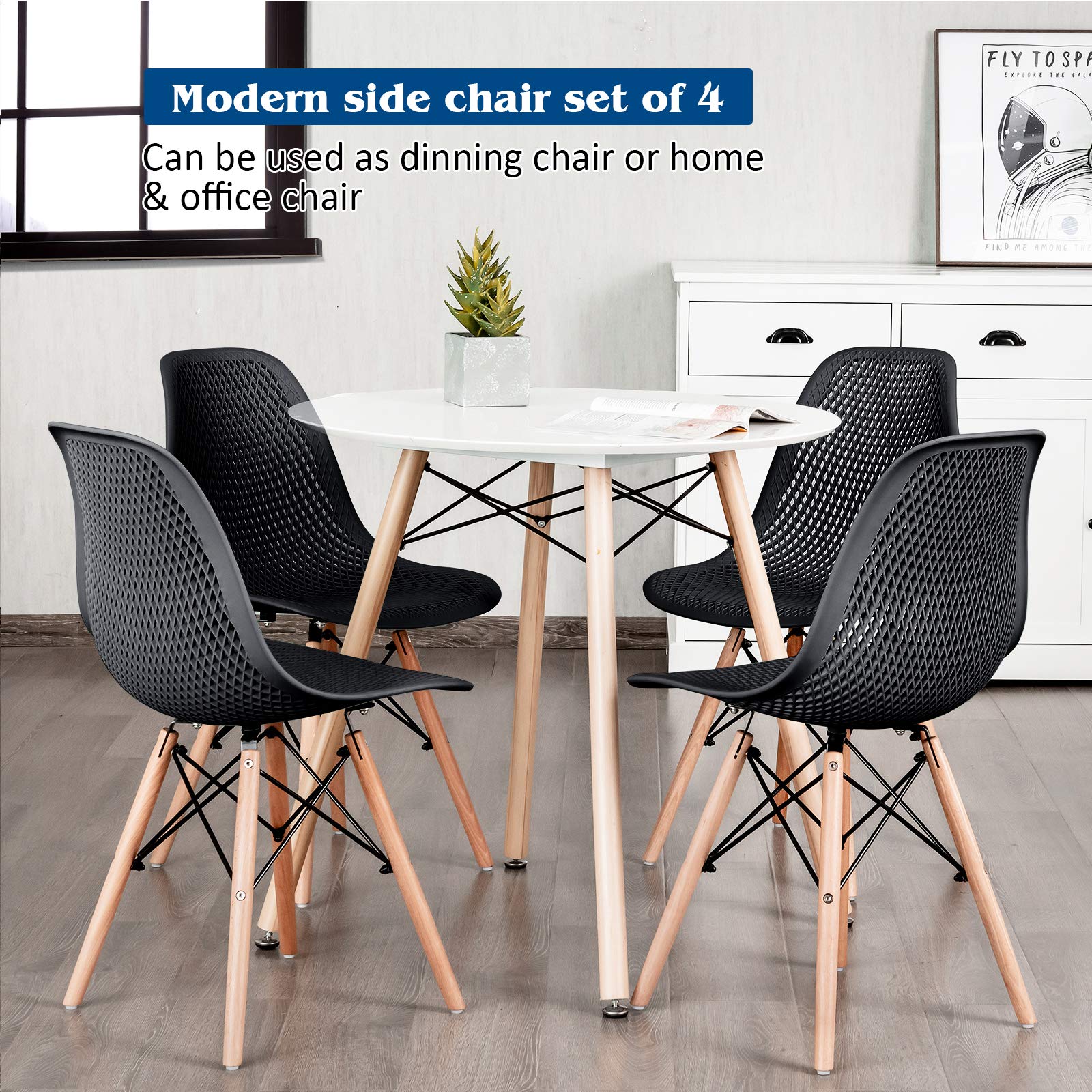 Modern Dining Chairs Set of 2 - Indoor/Outdoor Shell PP Lounge Side Chairs with Mesh Design & Beech Wood Legs - Tulip Leisure Chairs for Kitchen, Dining Room, Patio, and Office - Black