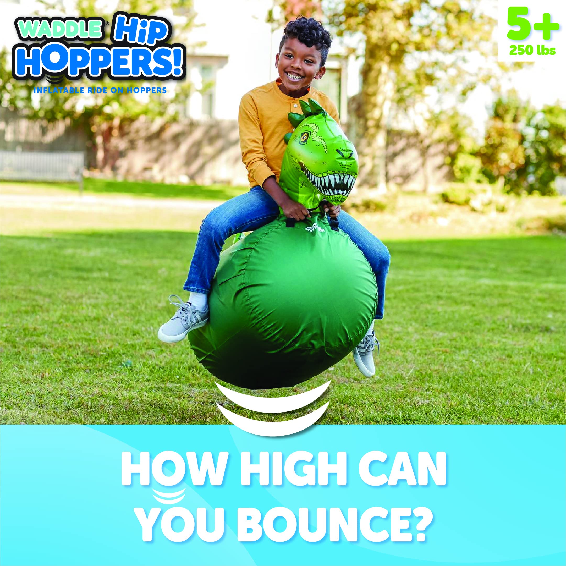 WADDLE Large Inflatable Bouncy Hopper Ride-On Toy - Durable Indoor/Outdoor Bouncy Horse for Kids Ages 5+, Supports Up to 250lbs - Fun Dinosaur Toy with Easy-Grip Handles for Boys & Girls - Perfect for Backyard Play, Birthday Parties & Active Playtime (Trex)