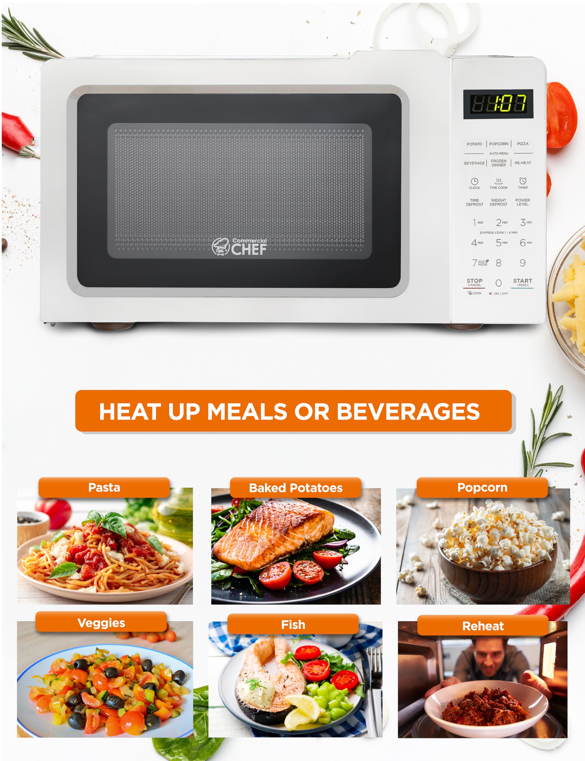 Commercial Chef 0.7 Cu Ft Compact Microwave Oven - 700W Countertop Microwave with 10 Power Levels, Pull Handle, 99-Minute Timer & Digital Display - Perfect for Dorms, Offices & Small Kitchens (White)