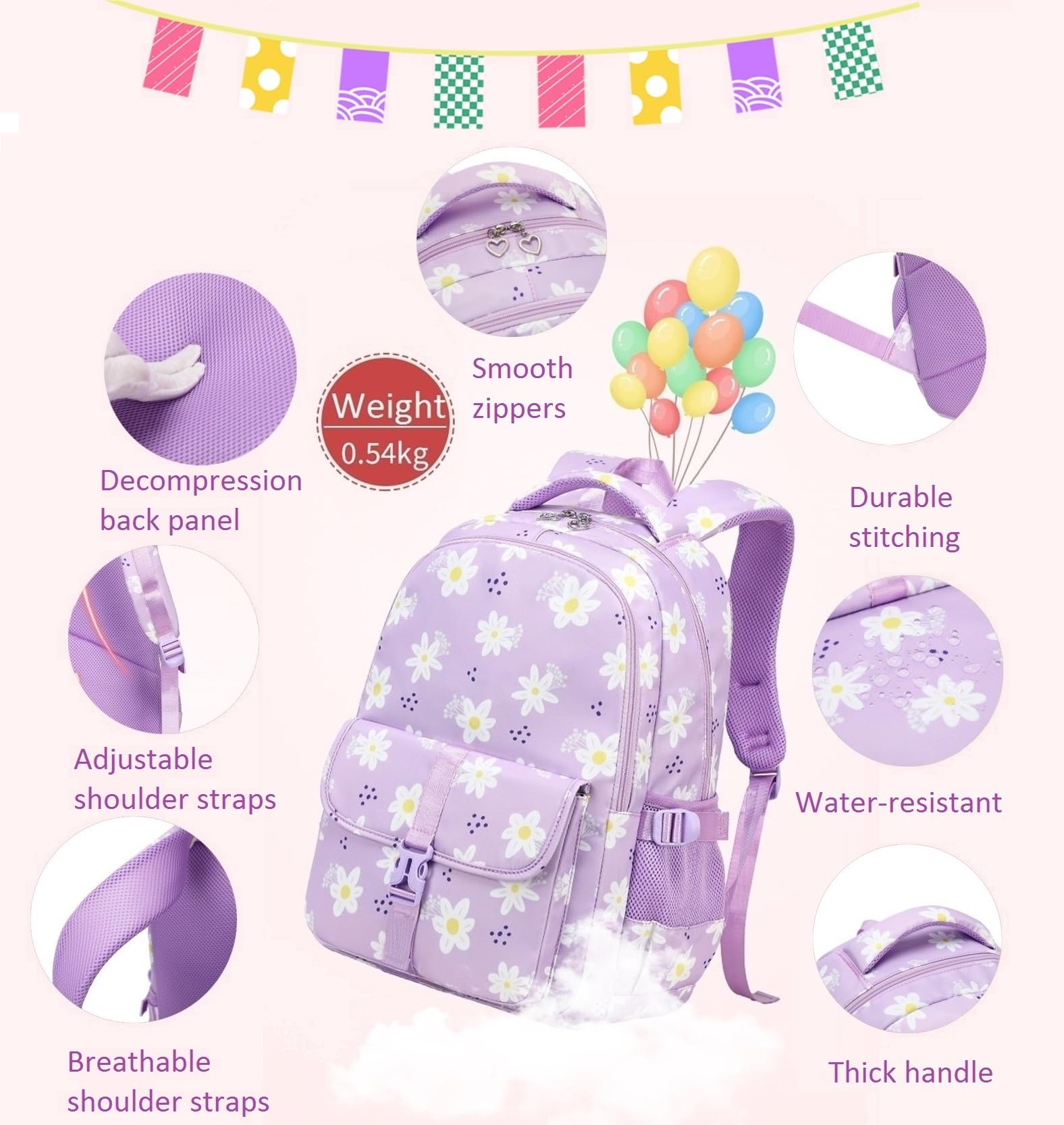 **Daisy Print Backpack for Girls - Cute Pink School Backpack for Elementary & Middle School - Lightweight & Durable Kids Backpack for Daily Use, Travel & Outdoor Activities**