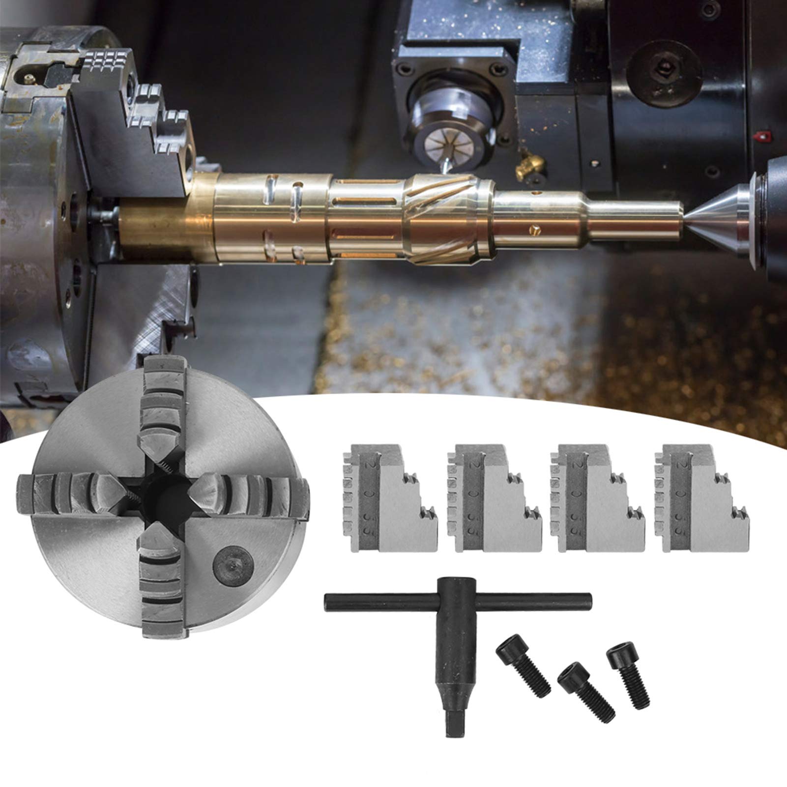 4 Jaw Self Centering Lathe Chuck 100mm (3.9in) Clamping Range - Heavy Duty Metal Lathe Chuck with Wrench for CNC Router, Turning & Milling Machines - Perfect for Metalworking, Woodworking & DIY Projects