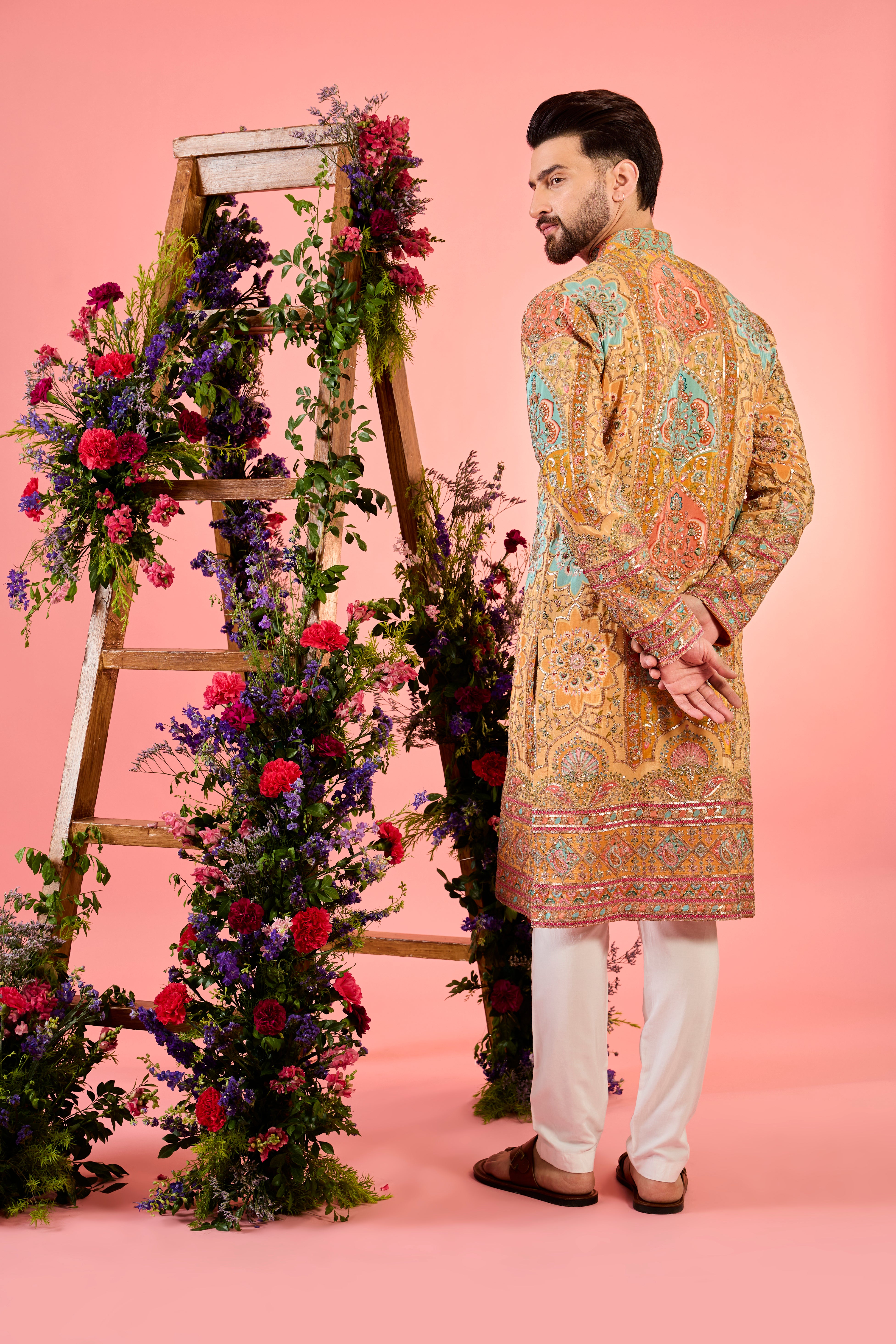 Exquisite Mustard Chikankari Kurta with Intricate Multi-Colored Floral Embroidery - Perfect for Festivals, Weddings & Ethnic Occasions