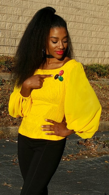 Elegant Yellow Lace Top with Brooch Detail | Women's Fashion Blouse | Perfect for Parties, Weddings & Special Occasions
