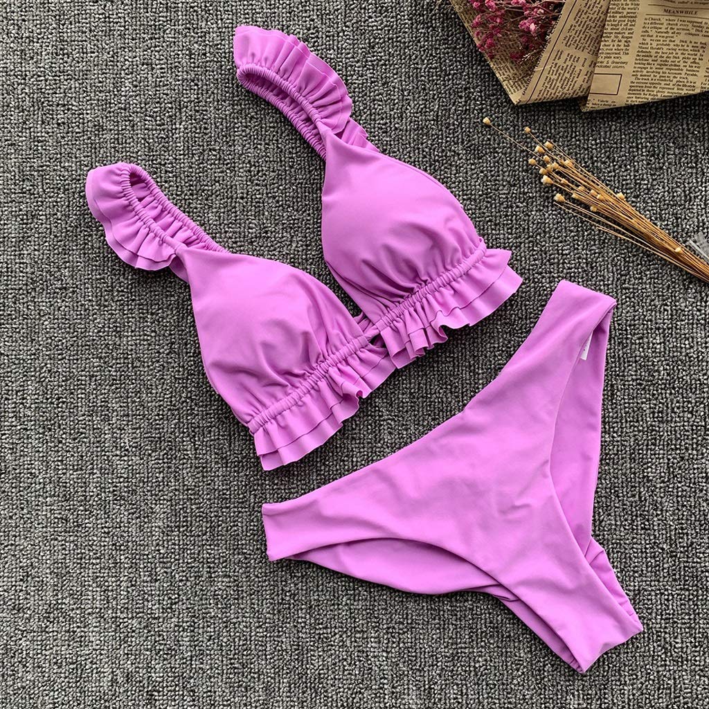 **ZSQAW Women's Purple Brazilian Bikini Set - Ruffle Shoulder Low Waist Bandage Swimwear | Sexy Bathing Suit for Beach, Pool & Vacation (Large)**