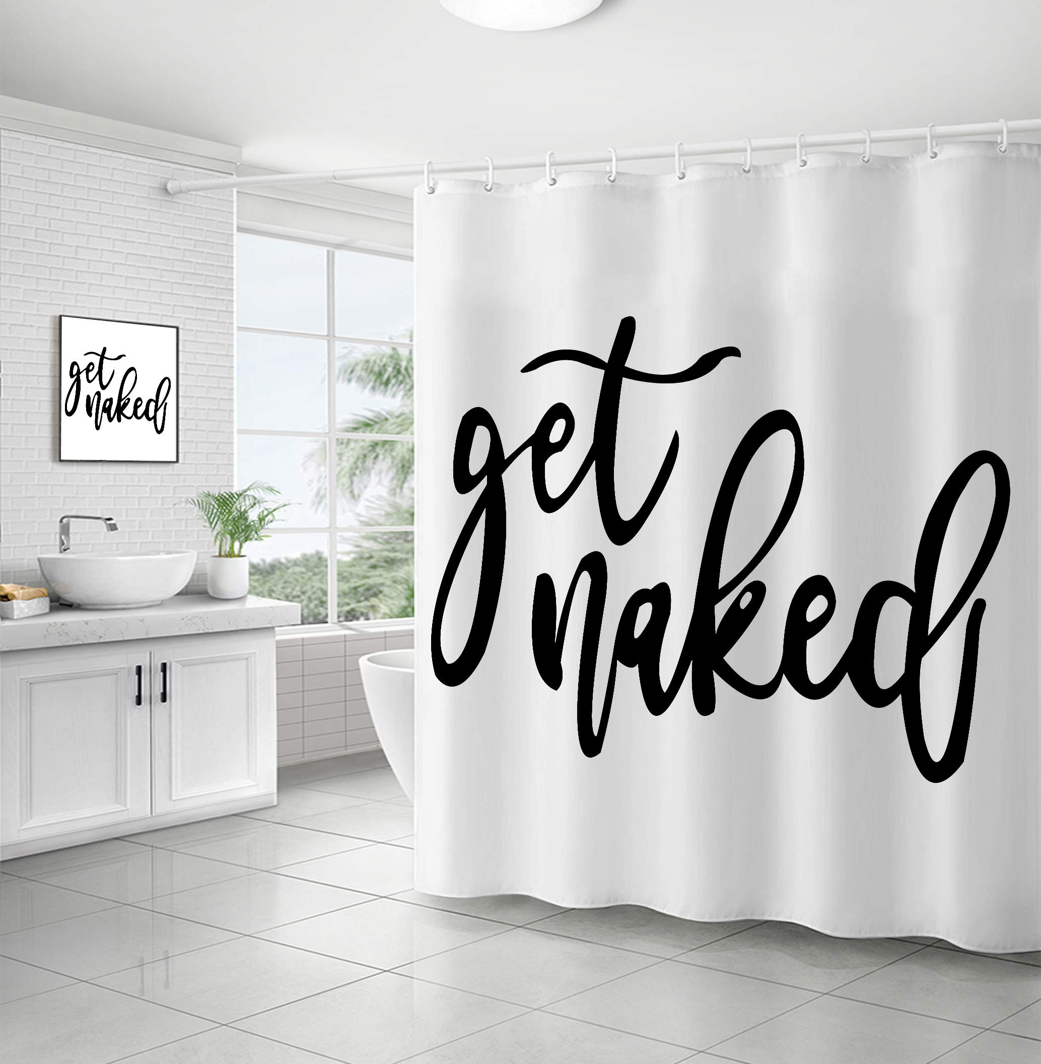 ElizaBath Funny 'Get Naked' Shower Curtain - Black Waffle Textured Waterproof Bathroom Decor with Hooks - Perfect for Bathroom, Spa, and Home Decor
