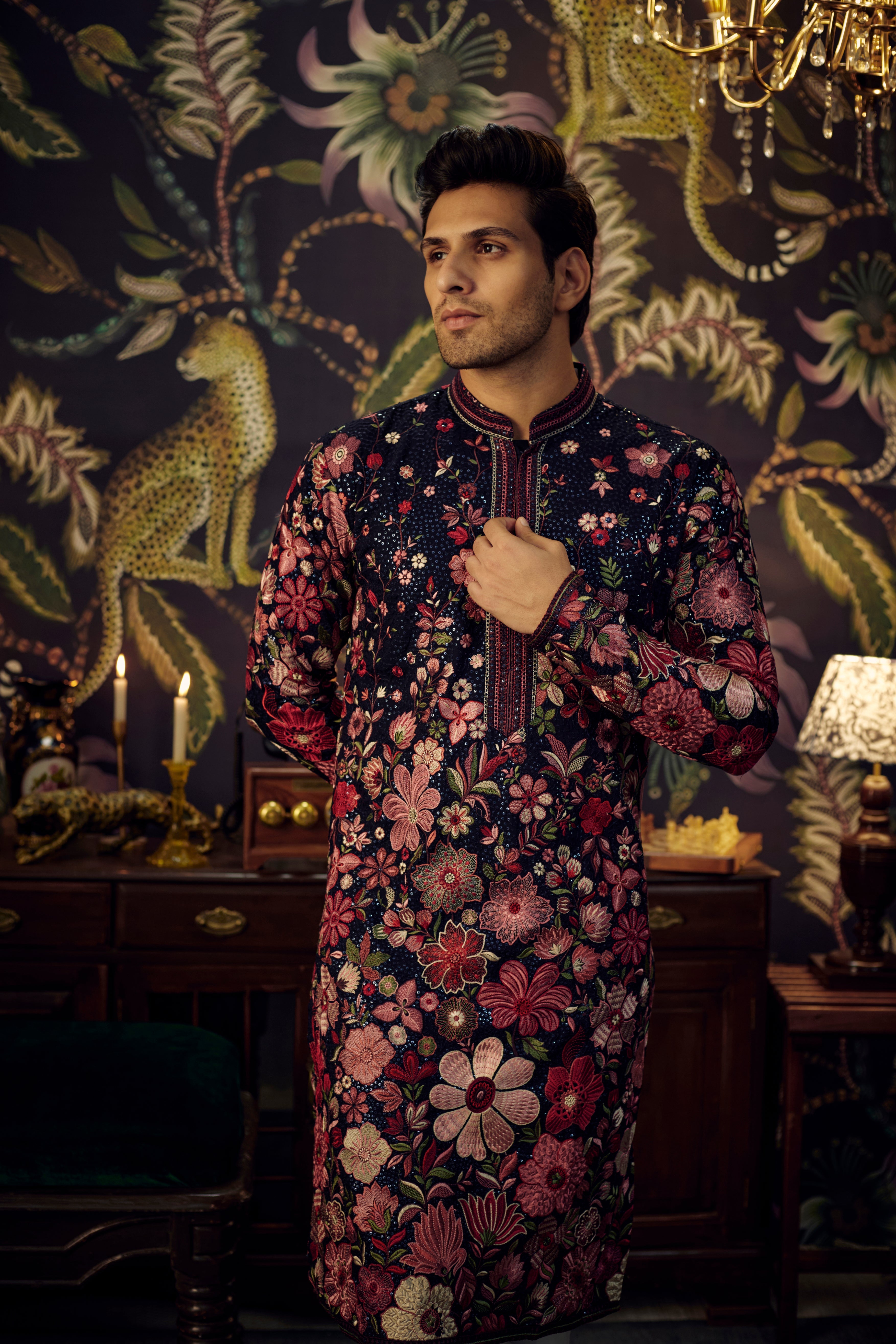 Navy Blue Embroidered Floral Kurta for Women - Elegant Indian Traditional Dress for Festivals, Weddings & Special Occasions