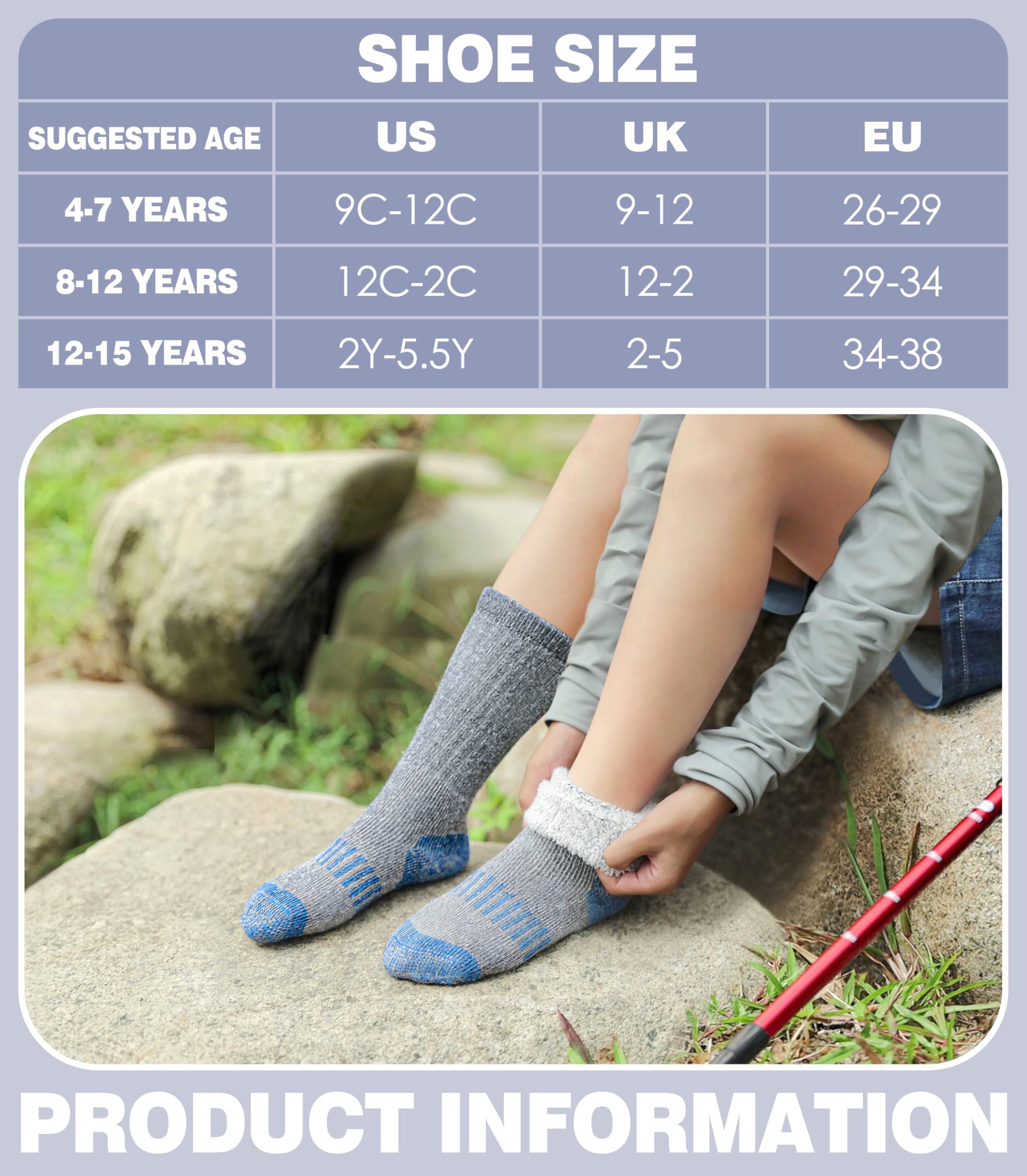 Kids Merino Wool Hiking Socks for Boys & Girls - Thermal Winter Warm Thick Cushioned Crew Socks for Boots | Perfect for Outdoor Adventures, Snow Play & Cold Weather Activities