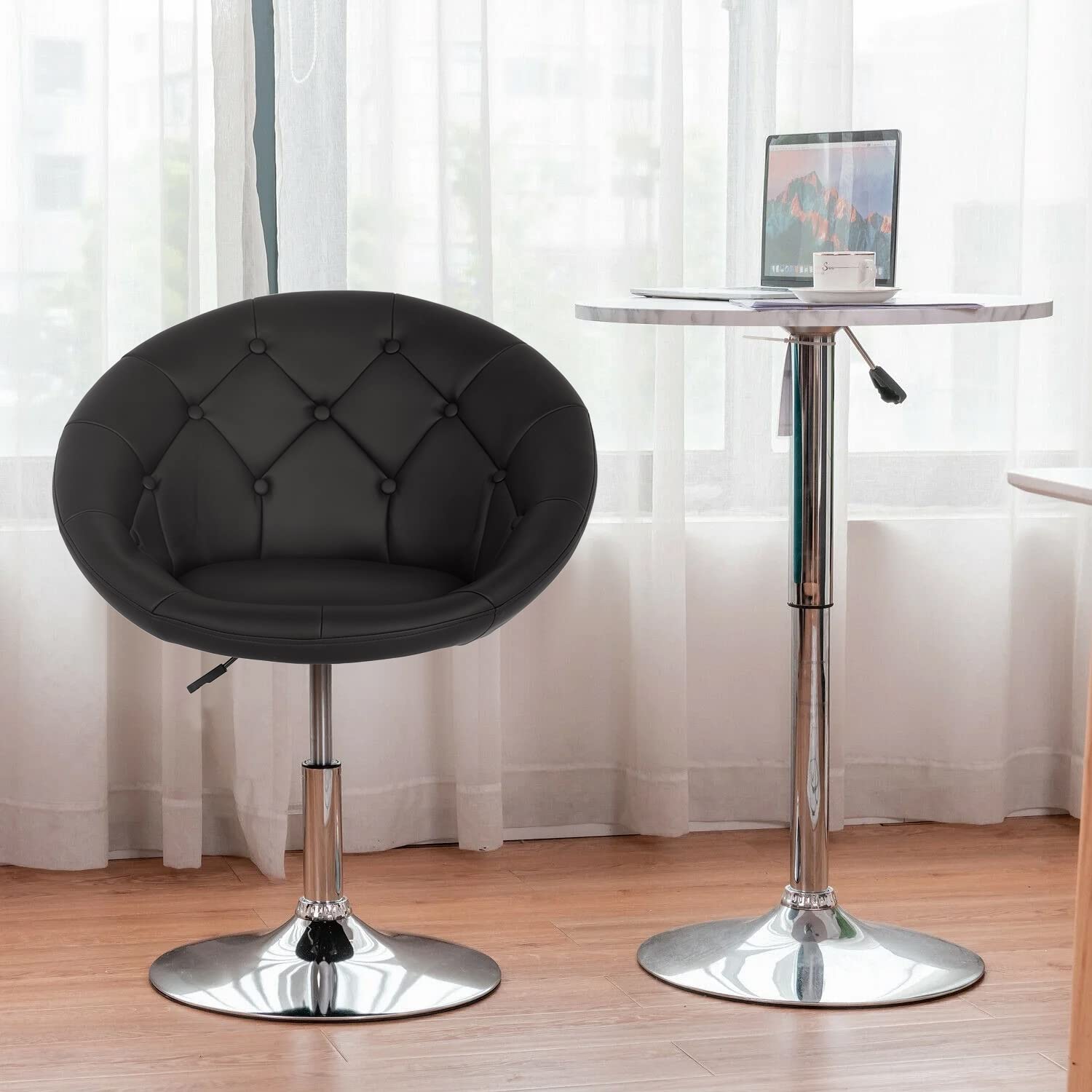 Modern Adjustable Swivel Makeup Chair - PU Leather Vanity Stool with Round Back, Height Adjustable for Living Room, Bedroom & Dressing Room - Grey Accent Chair for Makeup Table, Small Desk & Beauty Salon