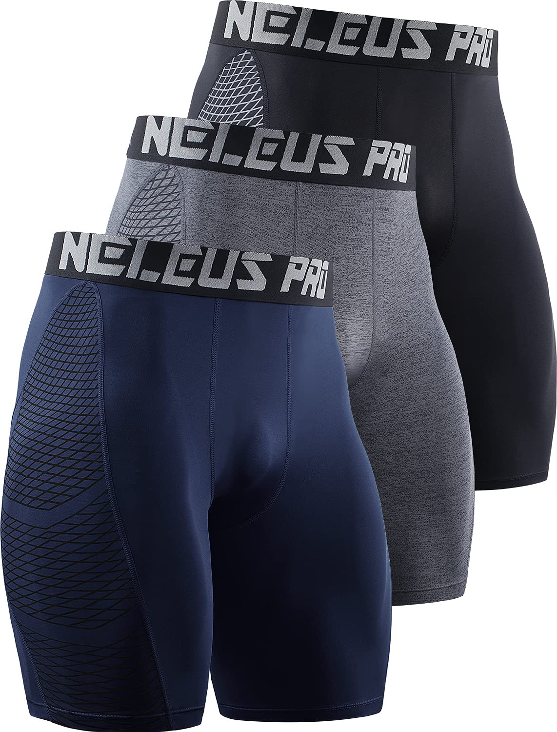 NELEUS 3-Pack Men's Compression Shorts - Moisture Wicking, Breathable & Anti-Chafing Workout Underwear for Running, Gym & Sports Activities