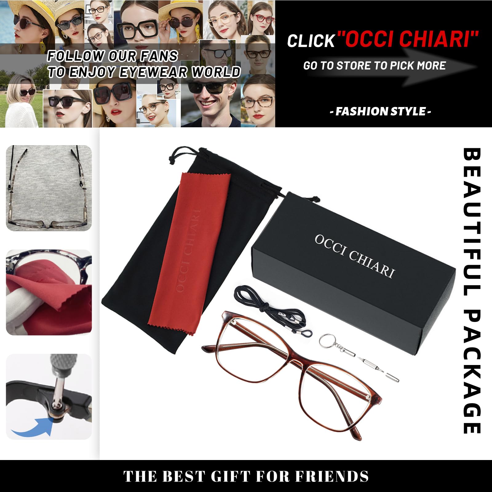 OCCI CHIARI Blue Light Blocking Glasses for Women - Non Prescription Computer Glasses, Fashion Eyewear with Full Rim Optical Frame - Perfect for Office Work, Gaming & Screen Time Protection