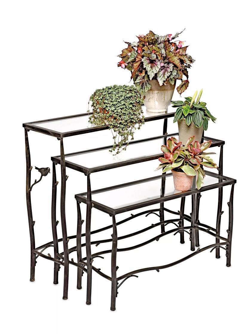 3 Tier Plant Stand - Decorative Metal & Tempered Glass Ladder Shelf for Indoor/Outdoor Plants | Perfect for Living Room, Patio, Balcony Decor | Space-Saving Vertical Garden Display for Home & Office