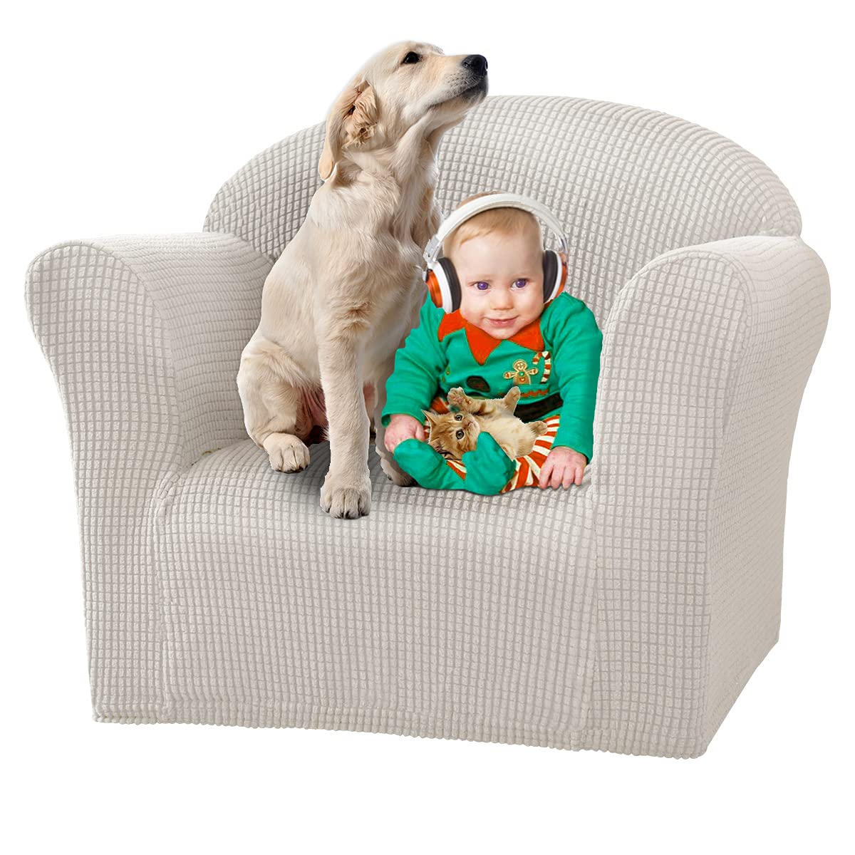Stretch Jacquard Kids Sofa Cover - Soft Armchair Slipcover for Toddlers & Children, Mini 1-Seat Couch Protector (Ivory) | Perfect for Nursery, Playroom & Daycare Furniture Protection