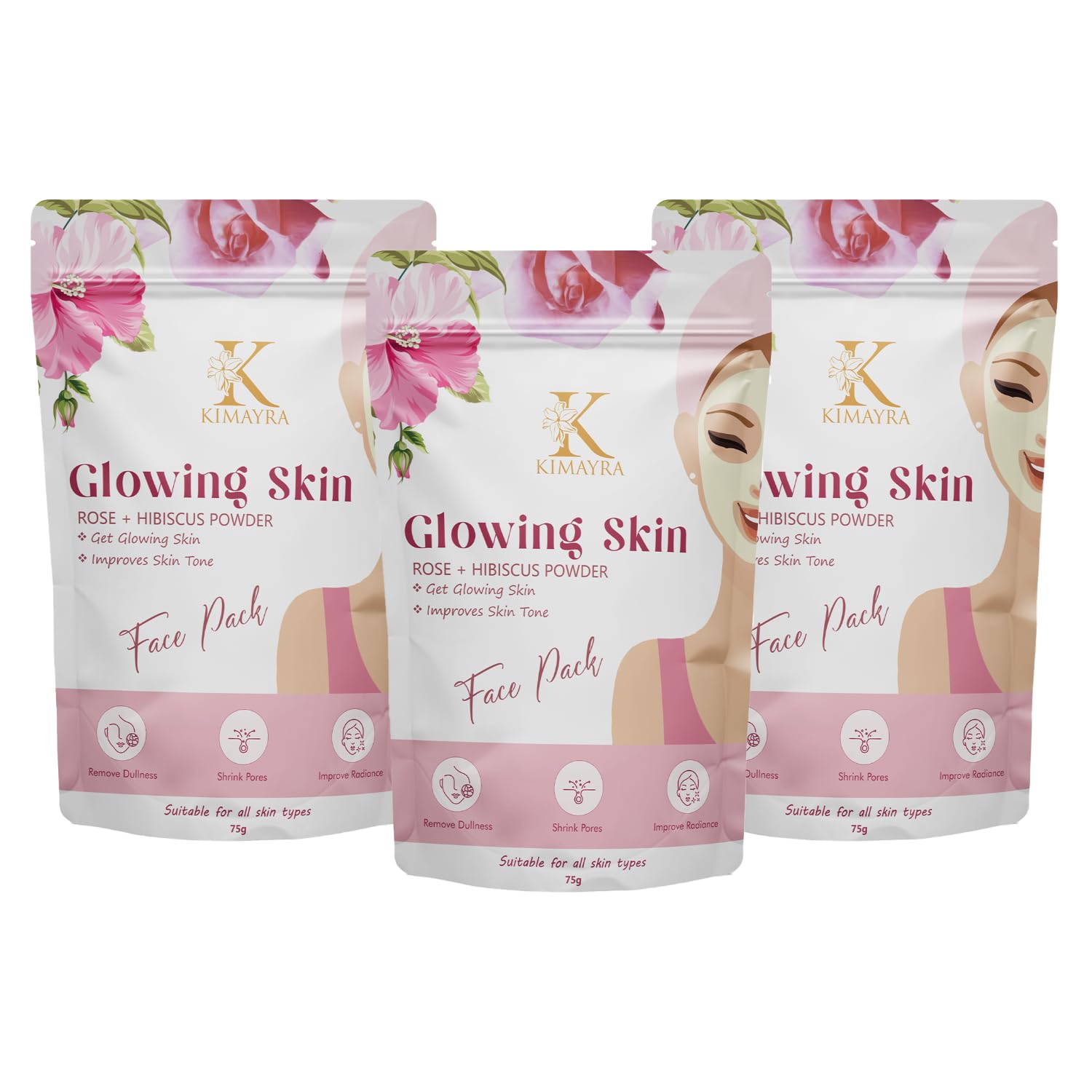 Kimayra Rose & Hibiscus Face Pack Powder - Natural Anti-Aging Skin Rejuvenation Treatment for Women & Men | Reduces Inflammation & Wrinkles | 75g (Pack of 3) | Safe for All Skin Types | Perfect for Daily Skincare Routine & Spa Days
