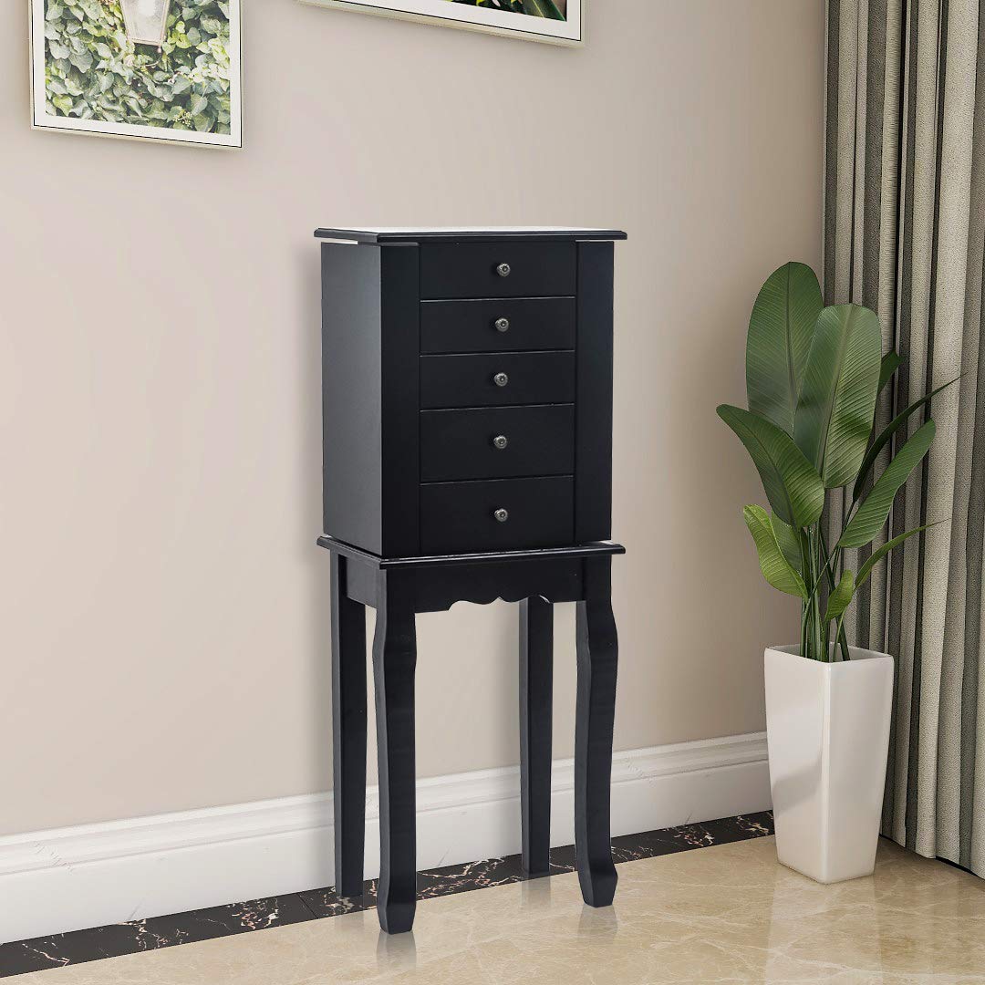 GT4-LY Standing Jewelry Armoire with Mirror - 5 Drawers & 6 Necklace Hooks, Jewelry Storage Cabinet with Top Organizer & 2 Swing Doors (Black) | Perfect for Bedroom, Dressing Room & Closet Organization
