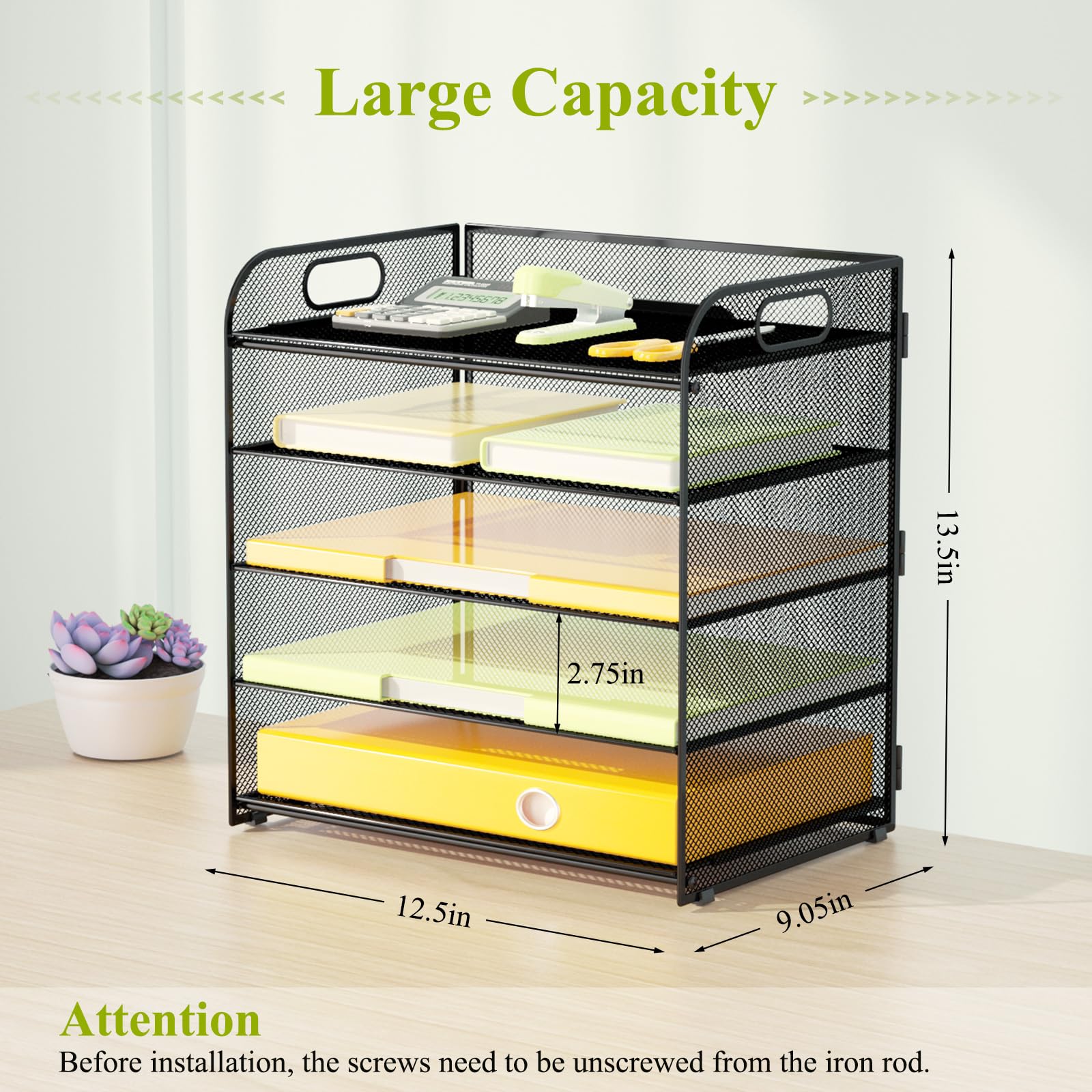 VIEERINN 5 Tier Mesh Metal Paper Letter Tray Organizer with Handles - Desktop File Document Sorter Holder for Office, School & Home - Perfect for Organizing Mail, Bills, Folders and Office Supplies