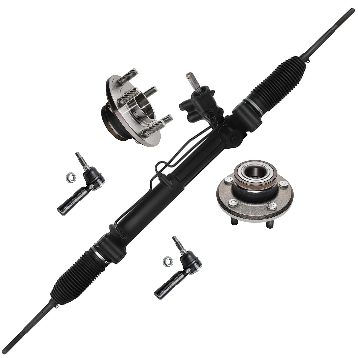 Detroit Axle - 5pc Front Rack and Pinion Kit for Chrysler 300 Dodge Charger Magnum Challenger 2WD | 2 Outer Tie Rods, 2 Wheel Bearings & Hubs, 1 Power Steering Rack | Replacement Parts for Smooth Steering & Enhanced Control | Perfect for DIY Repairs & Professional Mechanics