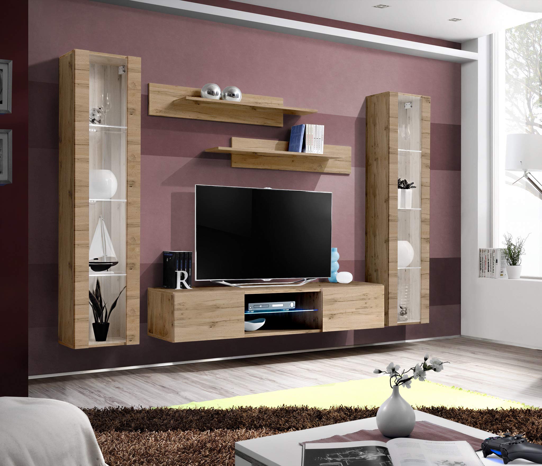 Modern Oak Wall-Mounted TV Stand with Storage Shelves & LED Lights - Floating Entertainment Center Console for Living Room & Bedroom - Space-Saving Furniture for Small Apartments & Home Theater Setup