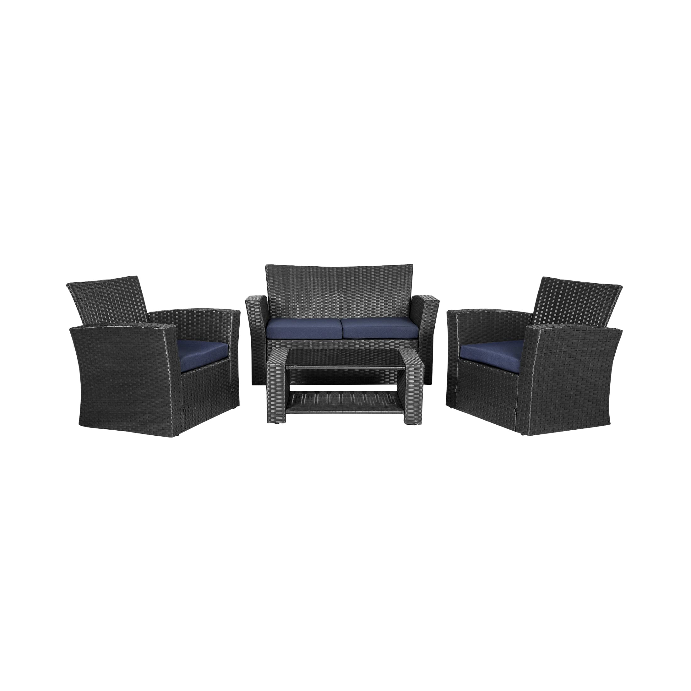 WO Home Furniture 4-Piece Patio Conversation Set - Black Rattan Wicker Sofa, Chairs & Coffee Table with Navy Blue Pillow Cushions | Outdoor Garden, Backyard, Poolside Lounge Furniture for Relaxing & Entertaining