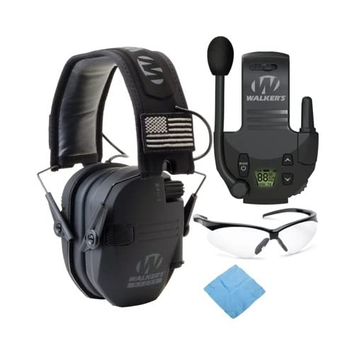 Walker's Razor Slim Electronic Shooting Earmuffs - Noise Cancelling Hearing Protection with Walkie Talkie & Safety Glasses Bundle for Hunting, Range Shooting & Outdoor Activities